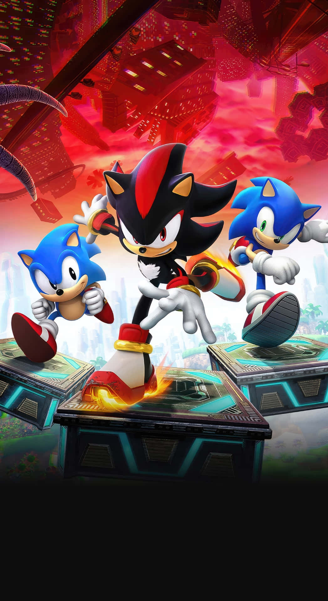  壁紙 — Sonic Shadow 同兩個Sonic喺熾熱嘅未來城市景觀中，喺發光平台上競速。