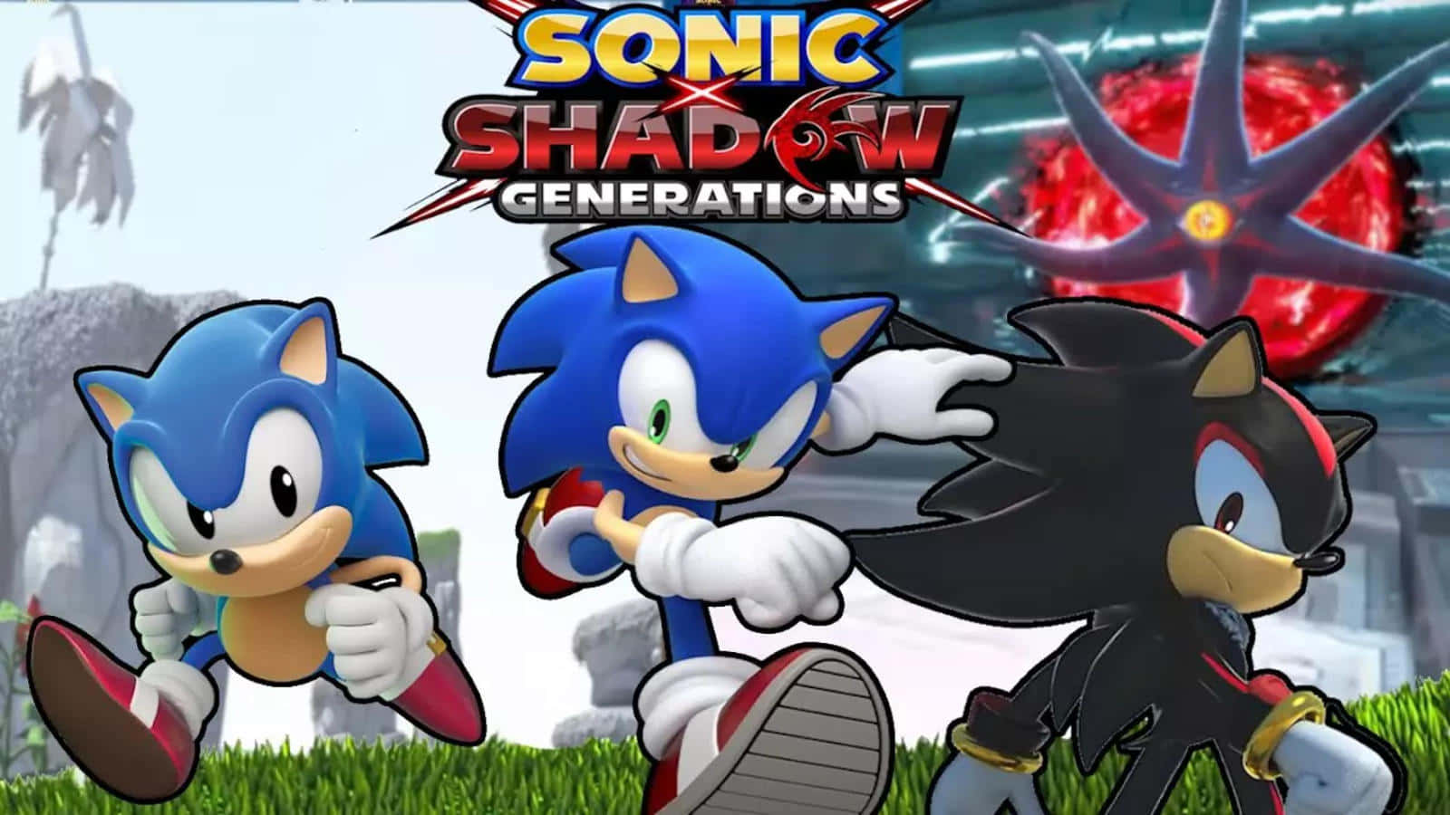  壁紙 — Sonic Shadow Generations 遊戲封面，藍色刺蝟索尼克和黑色刺蝟夏特站在草地上，身後有一個紅色星形傳送門。