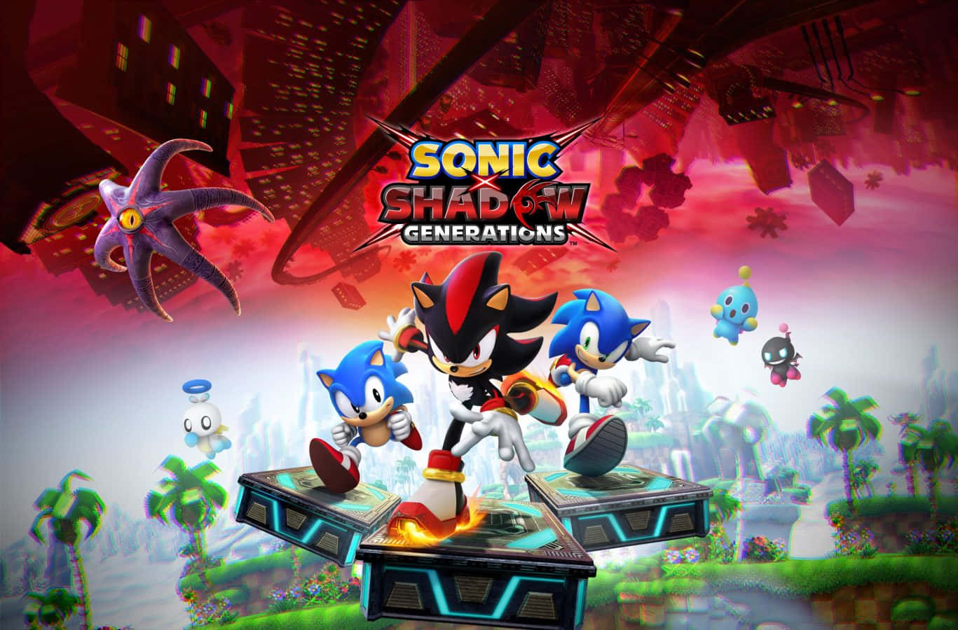  壁紙 — Sonic Shadow Generations 藝術作品展示了 Sonic Shadow 和 Sonic the Hedgehog 在懸浮平台上穿越超現實的紅色和綠色景觀，並有浮動的敵人。