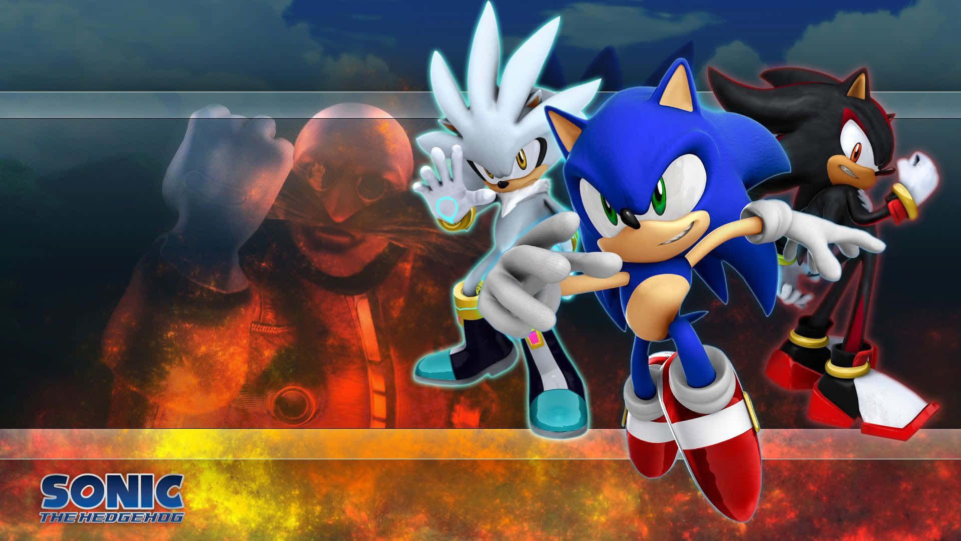  壁紙 — Sonic Shadow 和 Silver 英勇地站在熾熱的背景前，一個威脅性的身影潛伏在他們身後。