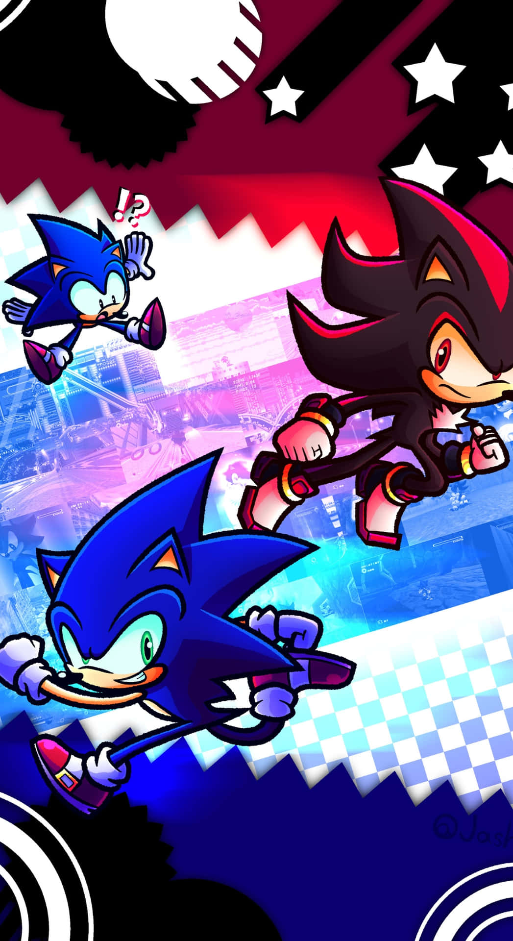  壁紙 — Sonic 和 Shadow 在充滿活力的格子賽道上動態競速，星星和速度線強調了運動感。