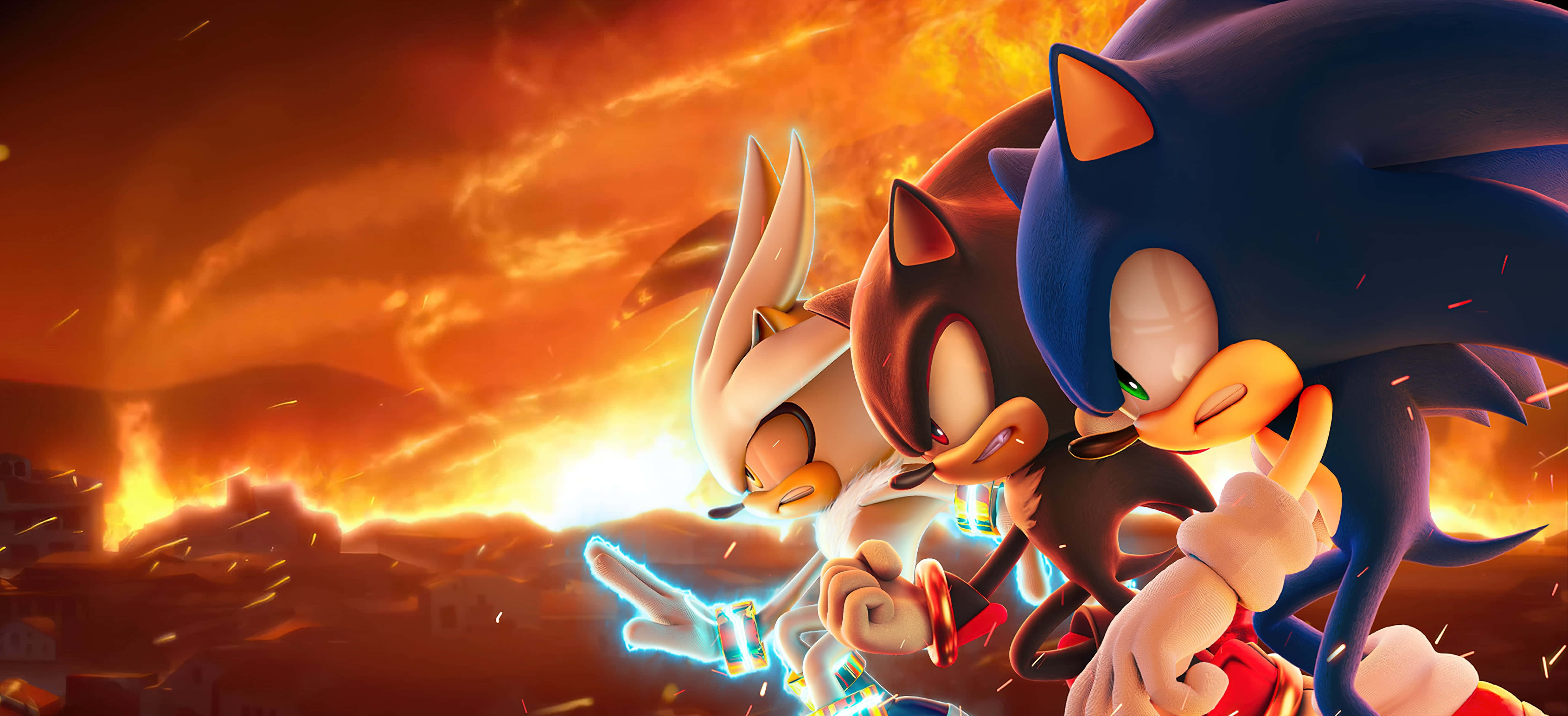 Sonic City Escape 桌布 壁紙 — Sonic Shadow 和 Silver 準備好戰鬥，背景是火紅的橙色天空，周圍有發光的餘燼飛舞。
