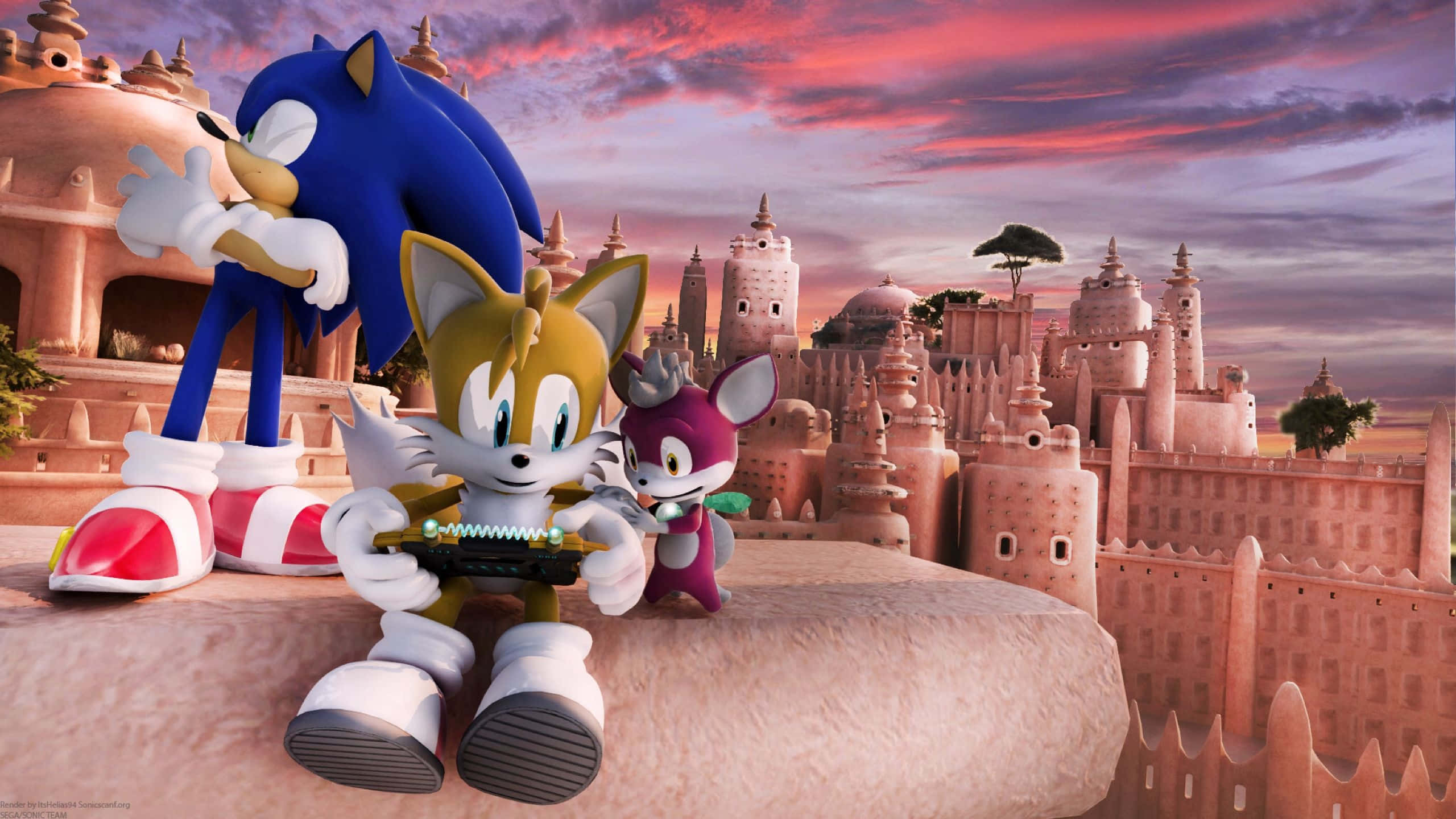 Sonic And Tails 桌布 壁紙 — Sonic、Tails 和 Amy 站在日落時分粉紅色沙漠城堡前的沙質壁架上。