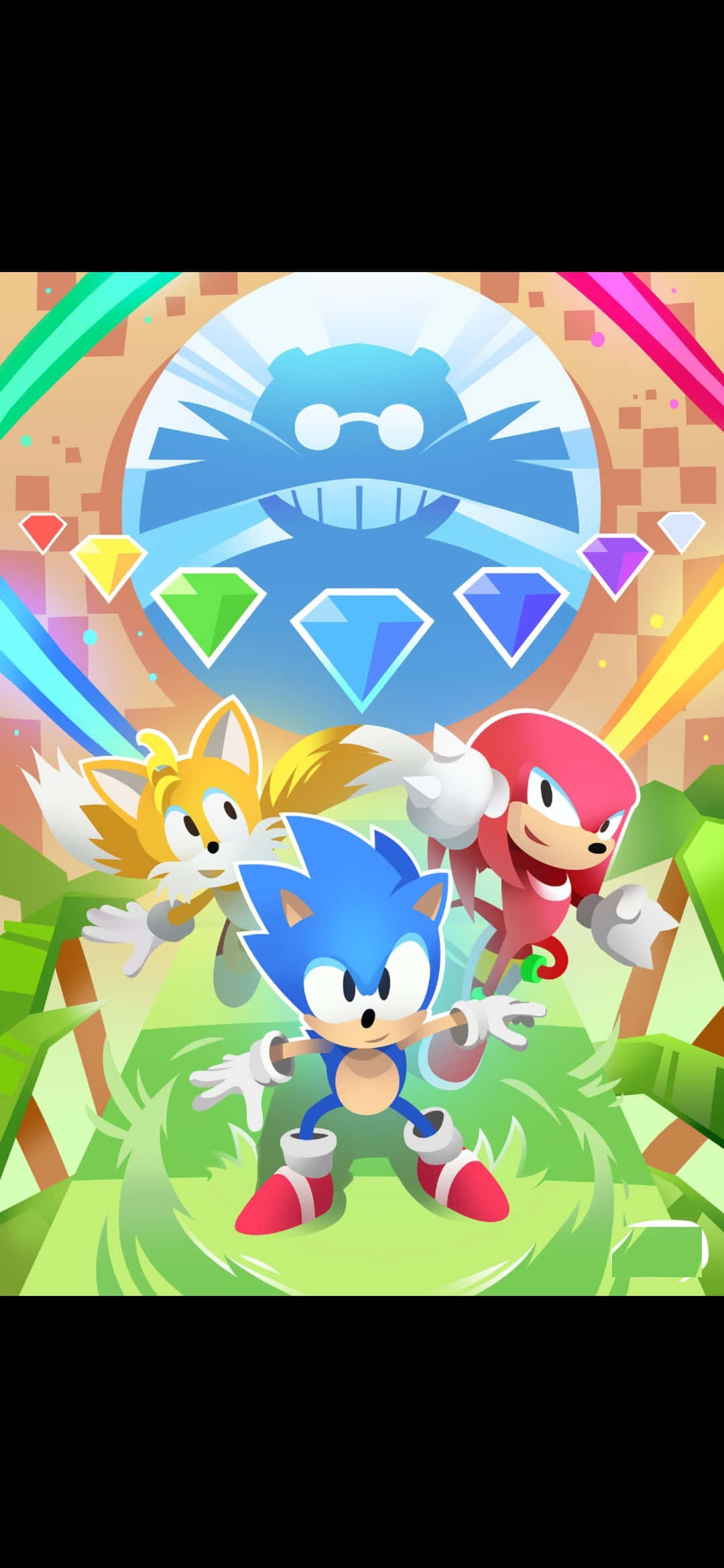 Chaos Emeralds 桌布 壁紙 — Sonic Tails 和 Knuckles 英雄般地站在充滿活力的叢林場景中，發光的藍色首領在彩色寶石後方隱現。