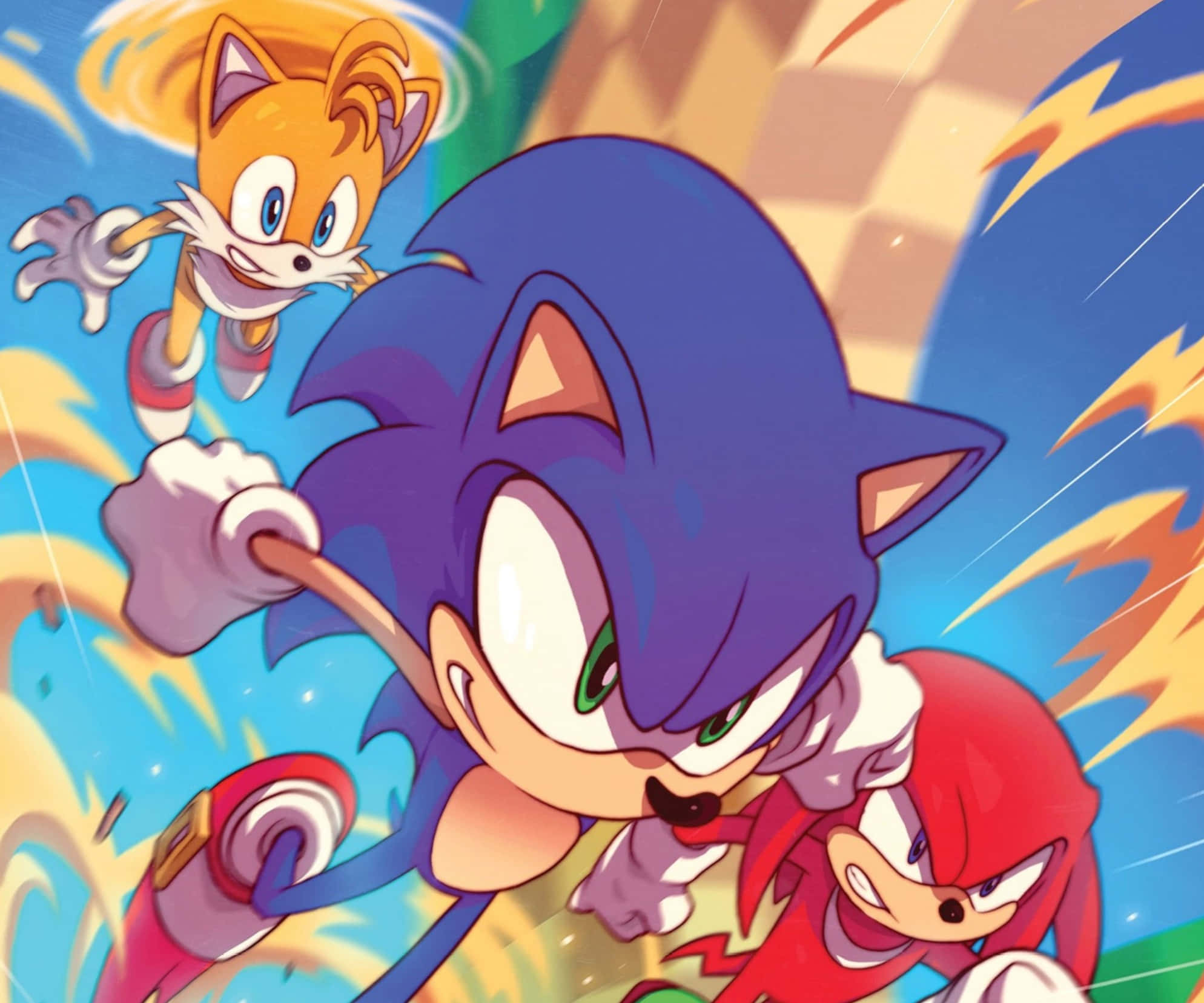 Classic Sonic 桌布 壁紙 — Sonic Tails 和 Knuckles 高速穿越充滿活力的格仔隧道，帶有動態模糊和火焰條紋。