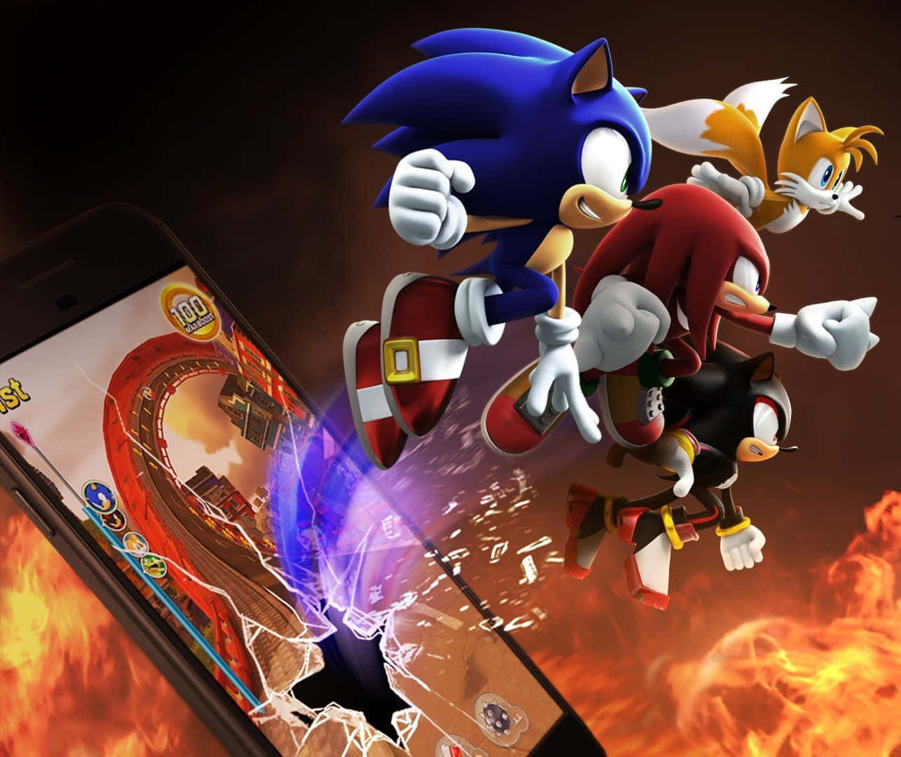 Sonic Forces Speed Battle 桌布 壁紙 — Sonic Tails 和 Knuckles 從破碎的智能手機屏幕中衝出，伴隨著熾熱的爆炸和發光的能量。