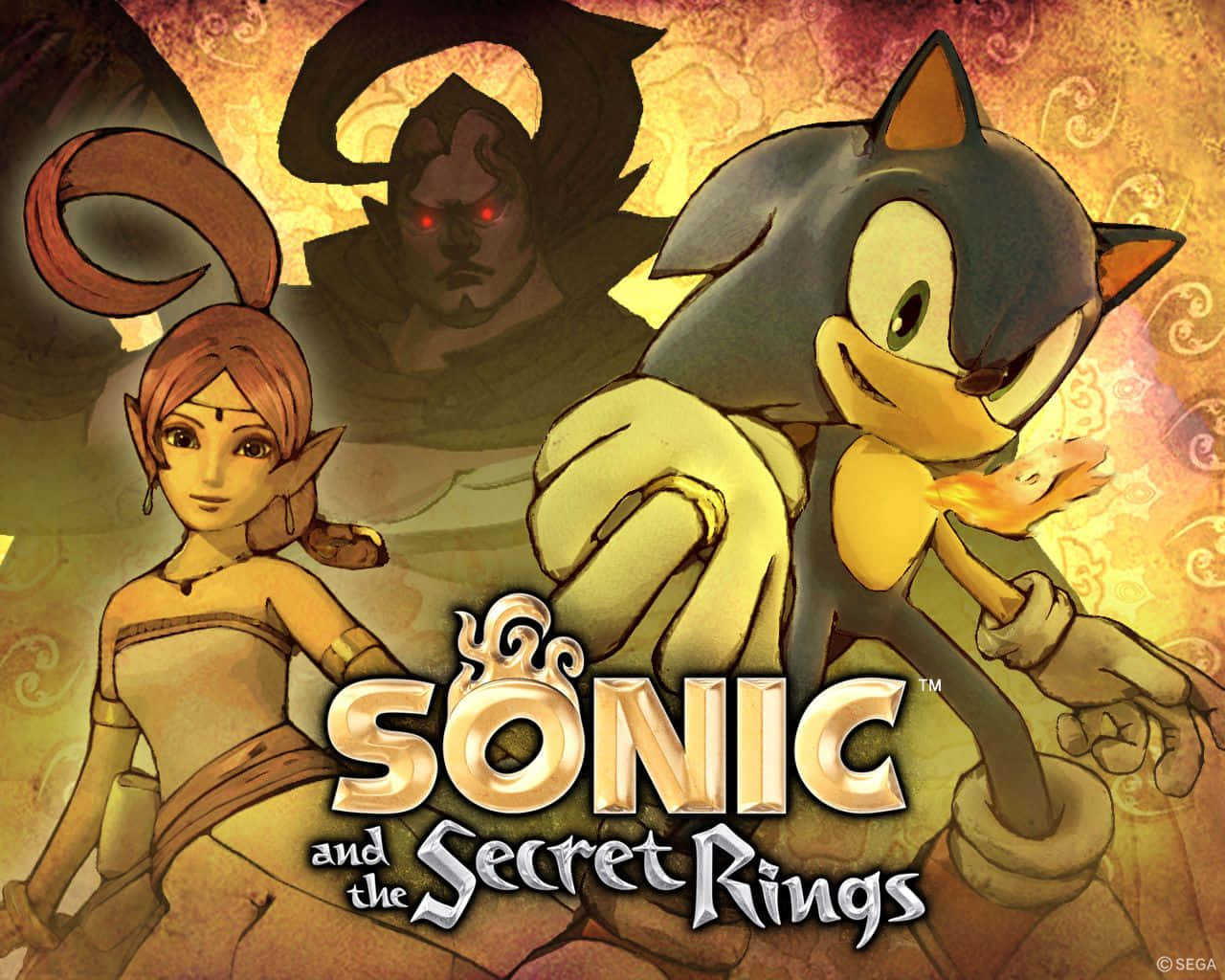 Sonic And The Secret Rings 桌布 壁紙 — Sonic the Hedgehog 同一個女性精靈般嘅角色英雄咁企喺一個逼近嘅黑暗身影前面，背景係旋轉嘅金色。