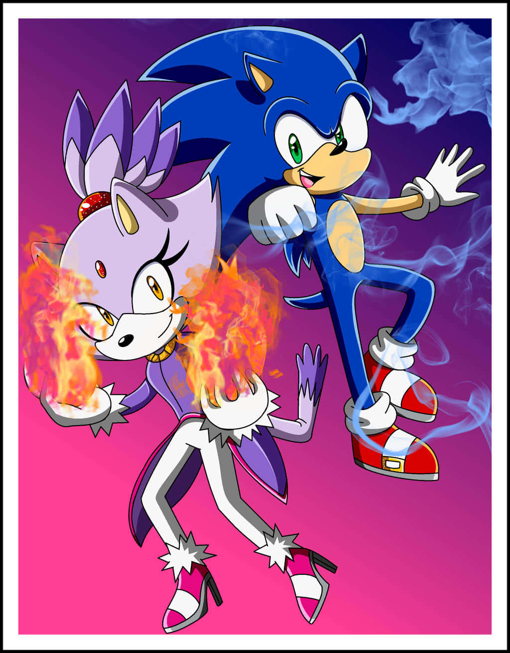 Sonic And Blaze 桌布 壁紙 — Sonic the Hedgehog 和一隻火焰狐狸角色在充滿活力的紫色和粉紅色漸變背景前動態擺姿勢。