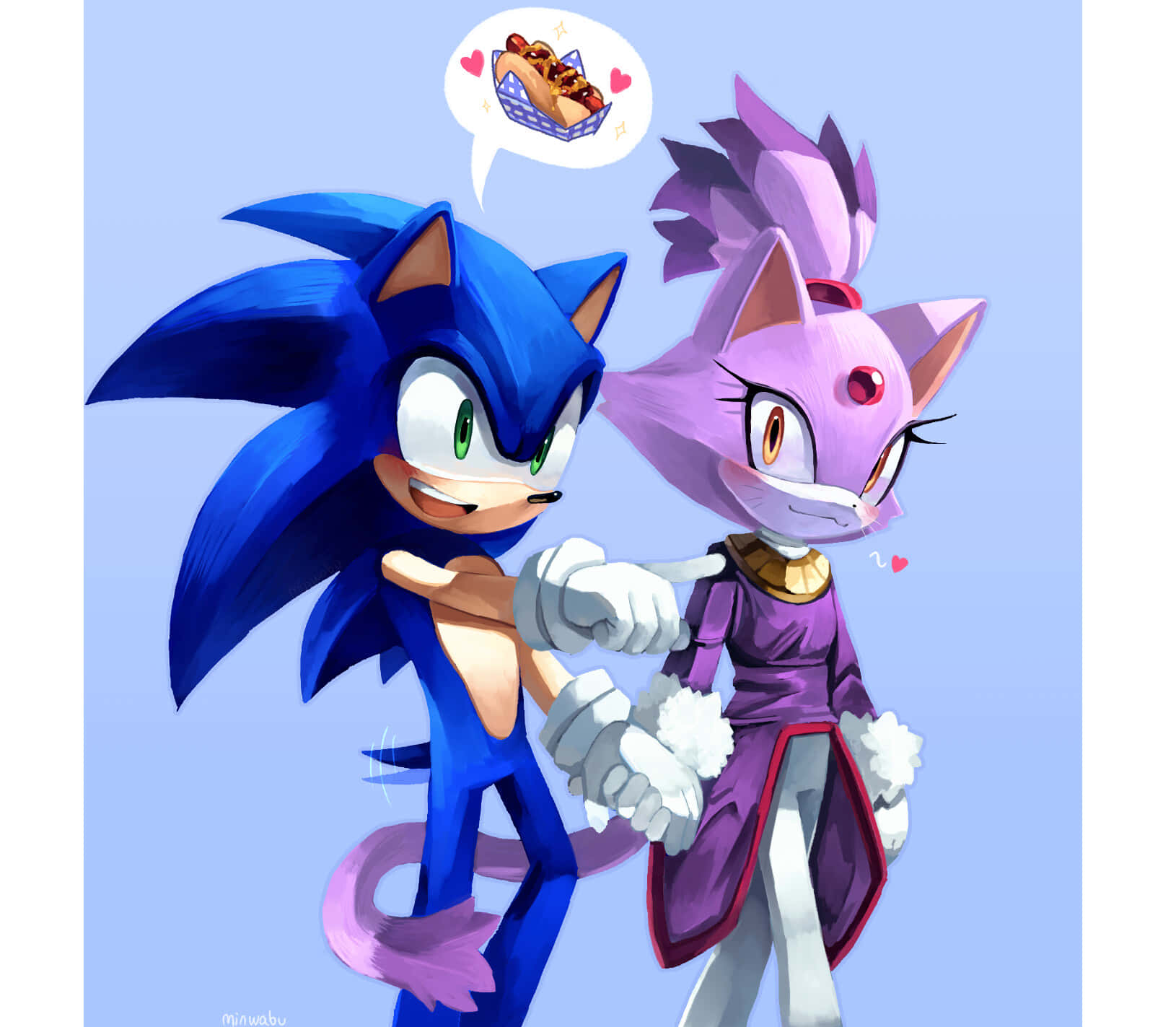 Sonic And Blaze 桌布 壁紙 — Sonic the Hedgehog 和一個紫色貓咪角色分享一個帶有熱狗思想泡泡的俏皮時刻。