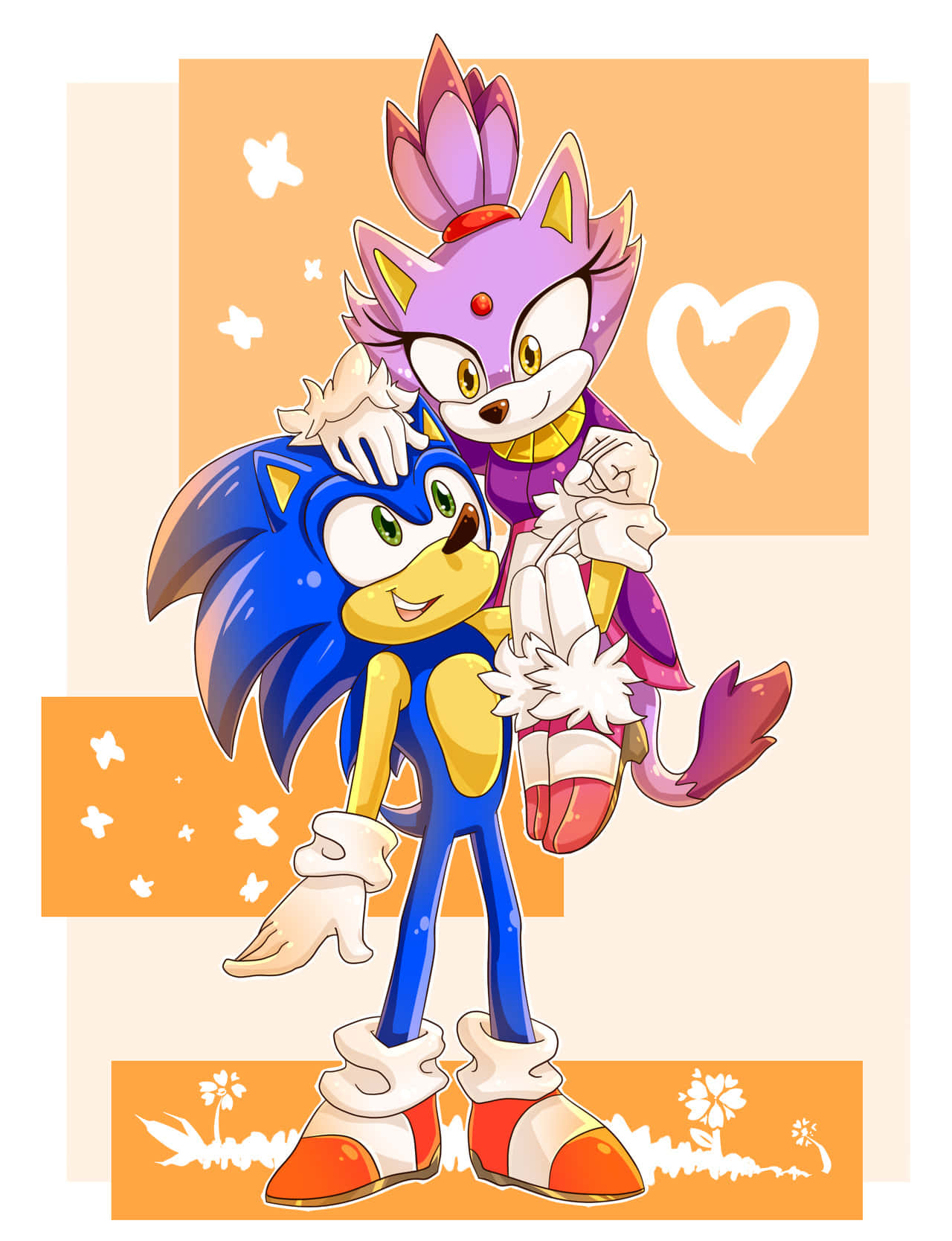 Sonic And Blaze 桌布 壁紙 — Sonic the Hedgehog 和一隻紫色狐狸角色在柔和的橙色背景上溫暖地擁抱，背景有白色心形和花朵。