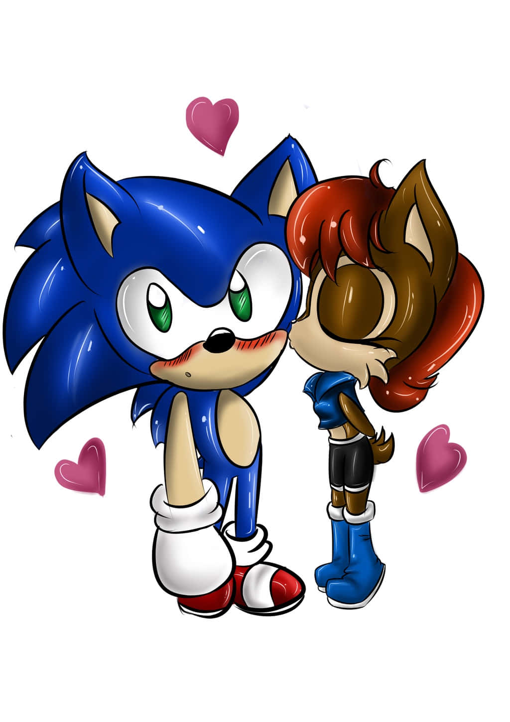 Sonic And Sally 桌布 壁紙 — Sonic the Hedgehog 同一個紅髮女性角色喺漂浮嘅粉紅色心心包圍下分享一個甜蜜嘅吻。