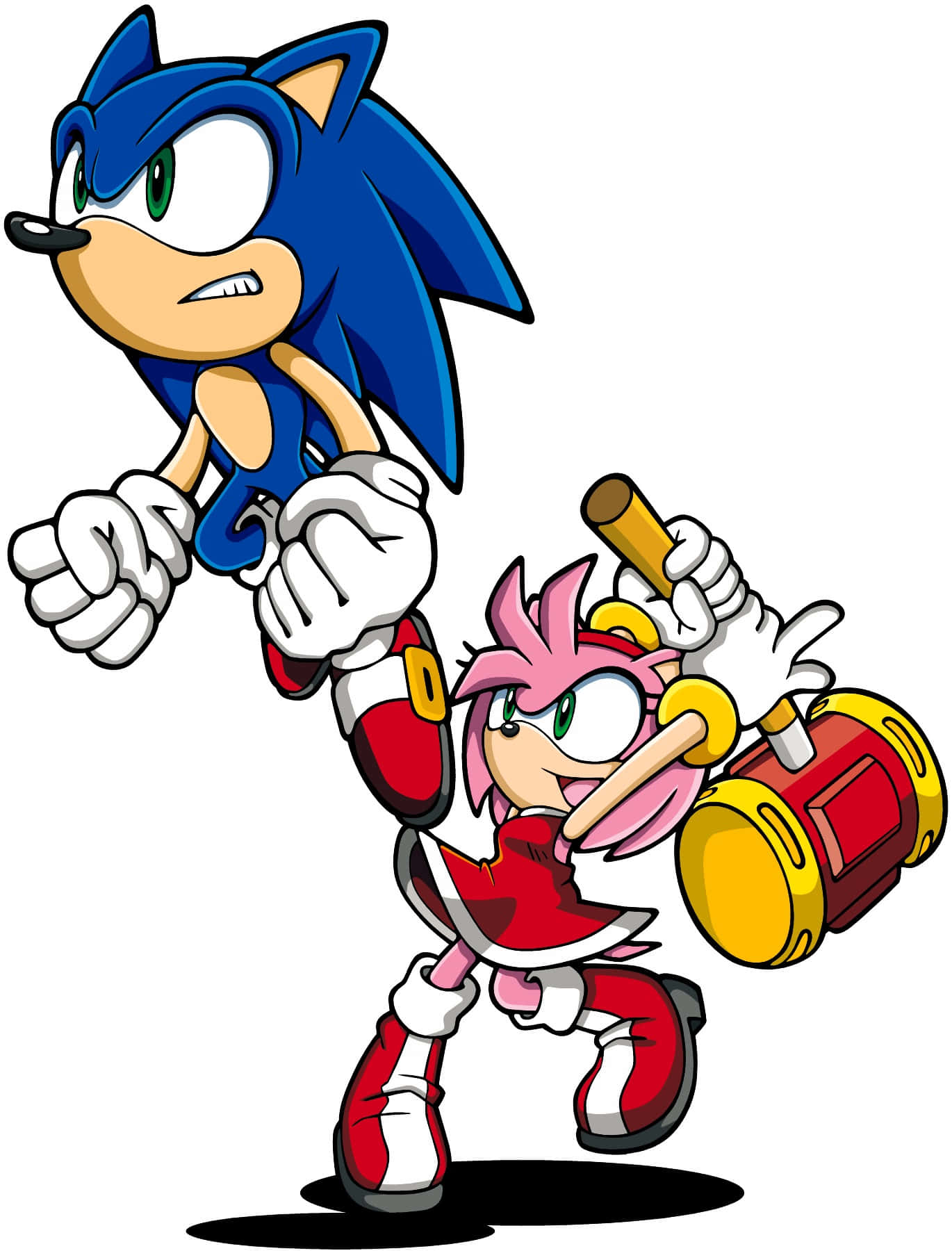 Sonic And Amy 桌布 壁紙 — Sonic the Hedgehog 與 Amy Rose 以動態動作姿勢出現，Amy 揮舞著她的錘子，背景為純白色。