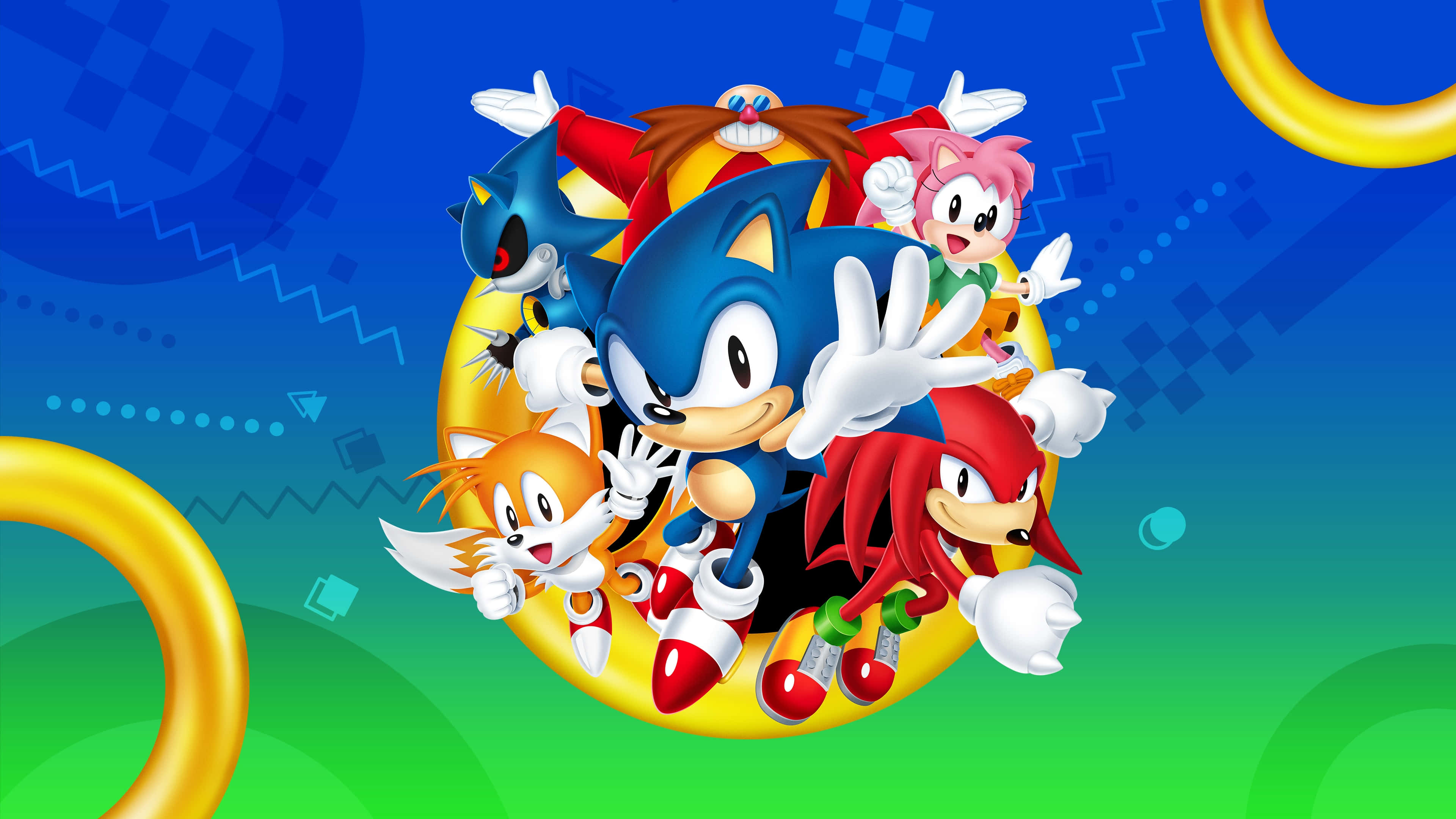 Sonic Characters 桌布 壁紙 — Sonic the Hedgehog 和朋友們從金色圓環中衝出，背景是充滿活力的藍綠色漸變和幾何圖案。