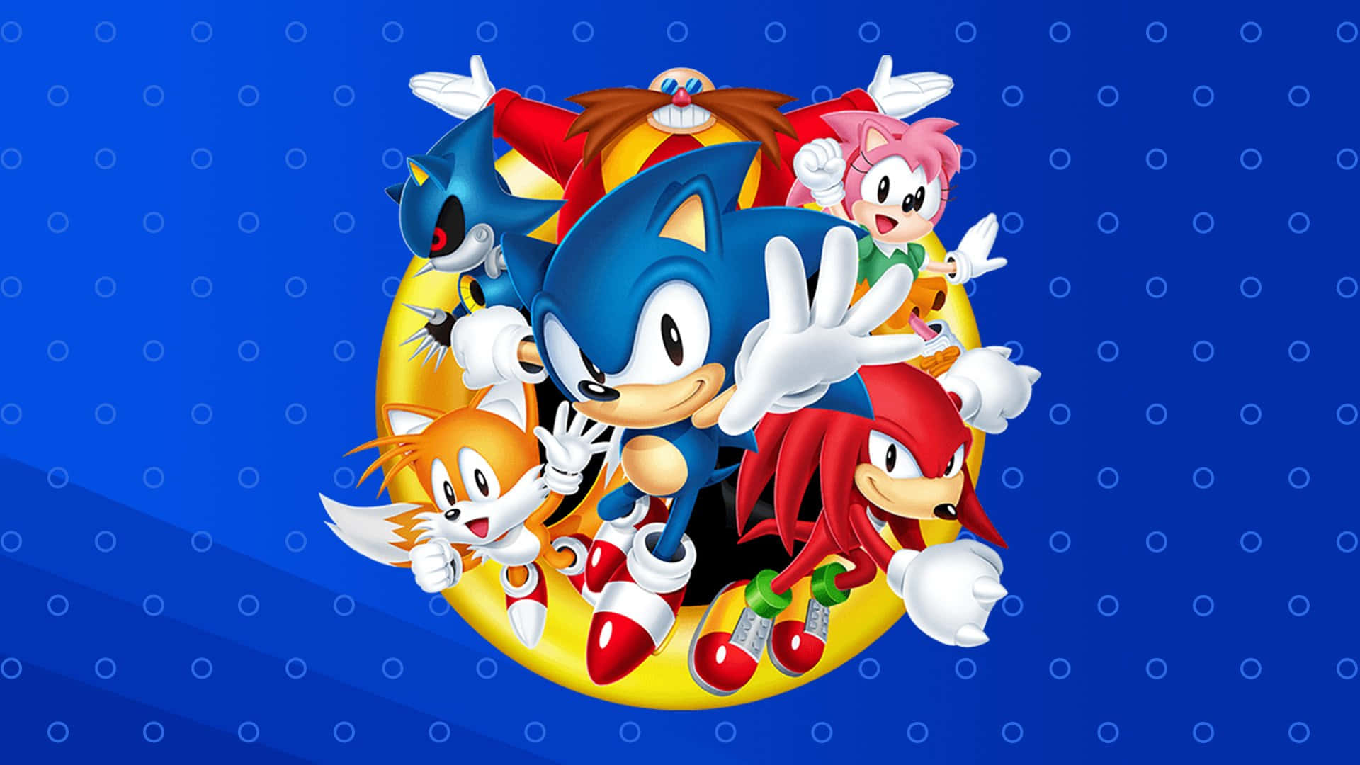 Classic Sonic 桌布 壁紙 — Sonic the Hedgehog 和朋友們在藍色背景上有白色圓點的黃色環上愉快地擺姿勢。