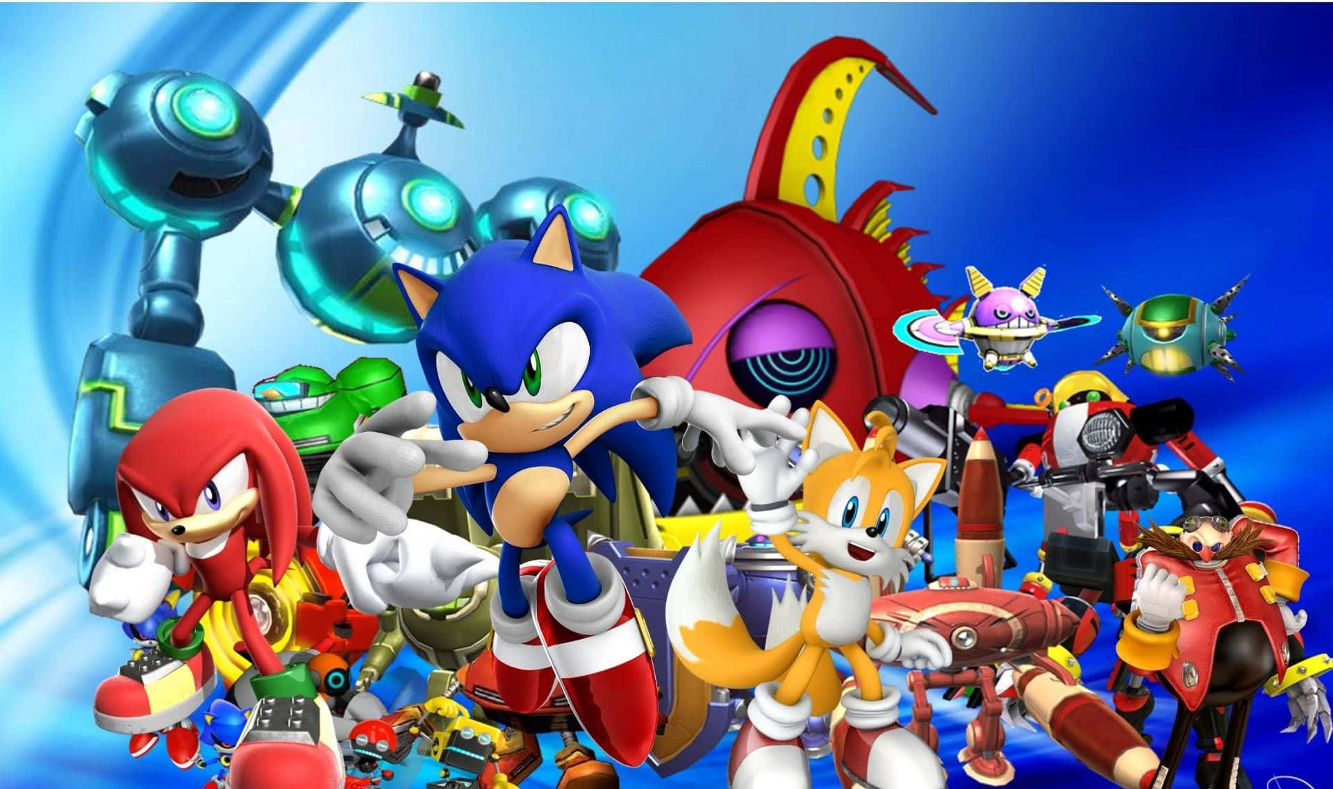 Sonic Dash 桌布 壁紙 — Sonic the Hedgehog 和朋友們在充滿活力的藍色背景上，與未來風格的機械人和車輛一起英雄式地擺姿勢。