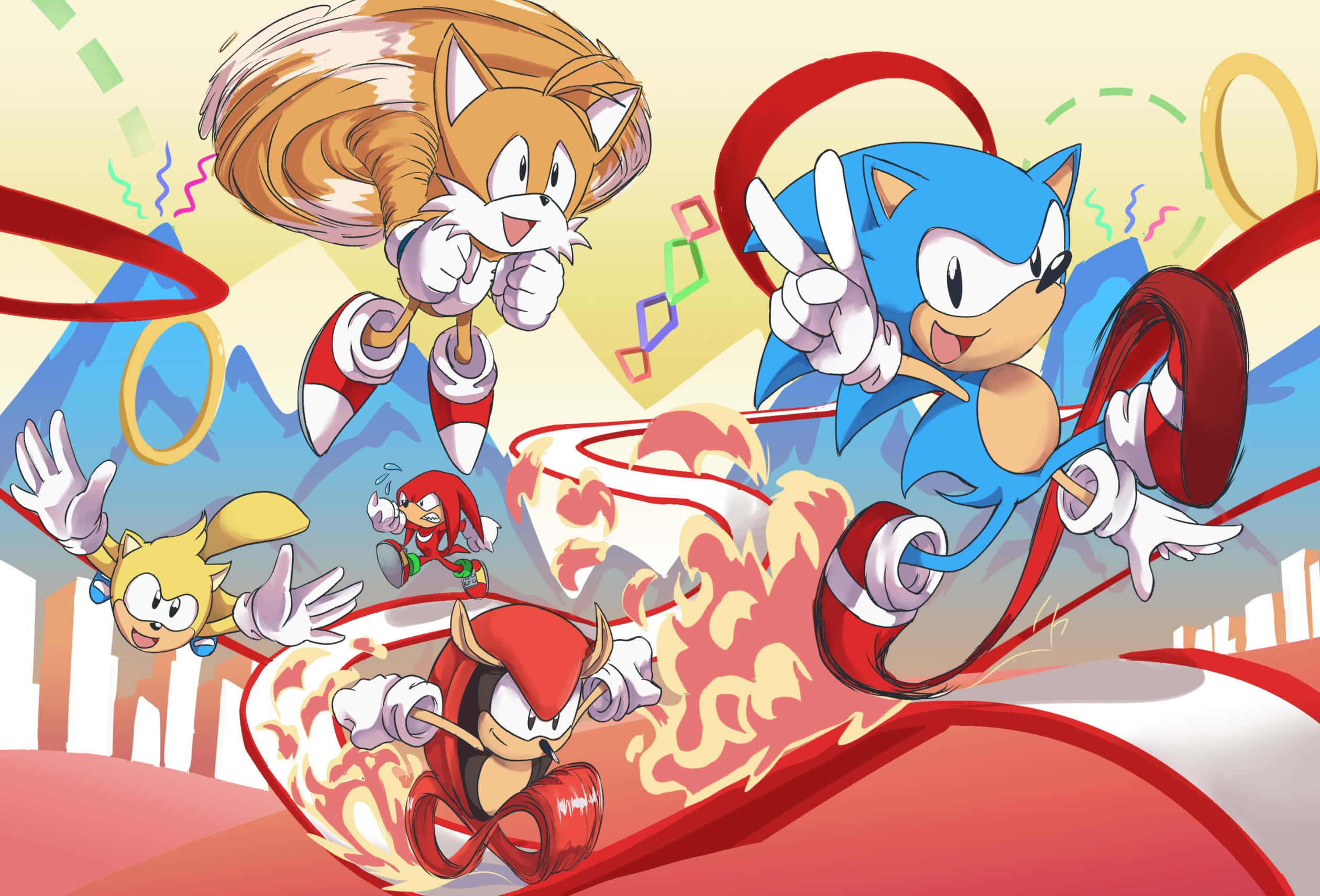 Mighty The Armadillo 桌布 壁紙 — Sonic the Hedgehog 與朋友們在充滿活力的卡通風景中奔馳，伴隨著火焰軌跡和漂浮的圓環。