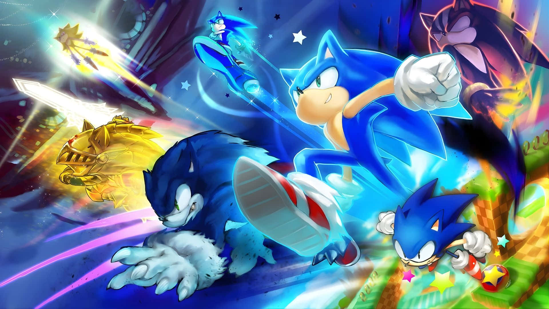  壁紙 — Sonic the Hedgehog 和他的盟友在充滿能量痕跡和星爆的鮮豔宇宙場景中飛馳。