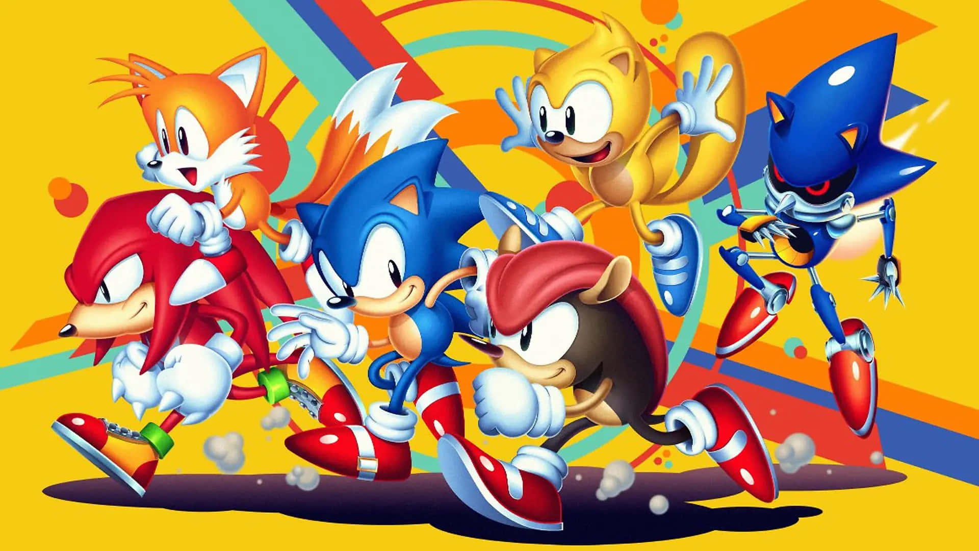 Mighty The Armadillo 桌布 壁紙 — Sonic the Hedgehog 和他的朋友們在充滿活力的抽象背景上，以鮮明的色彩條紋動態奔跑。