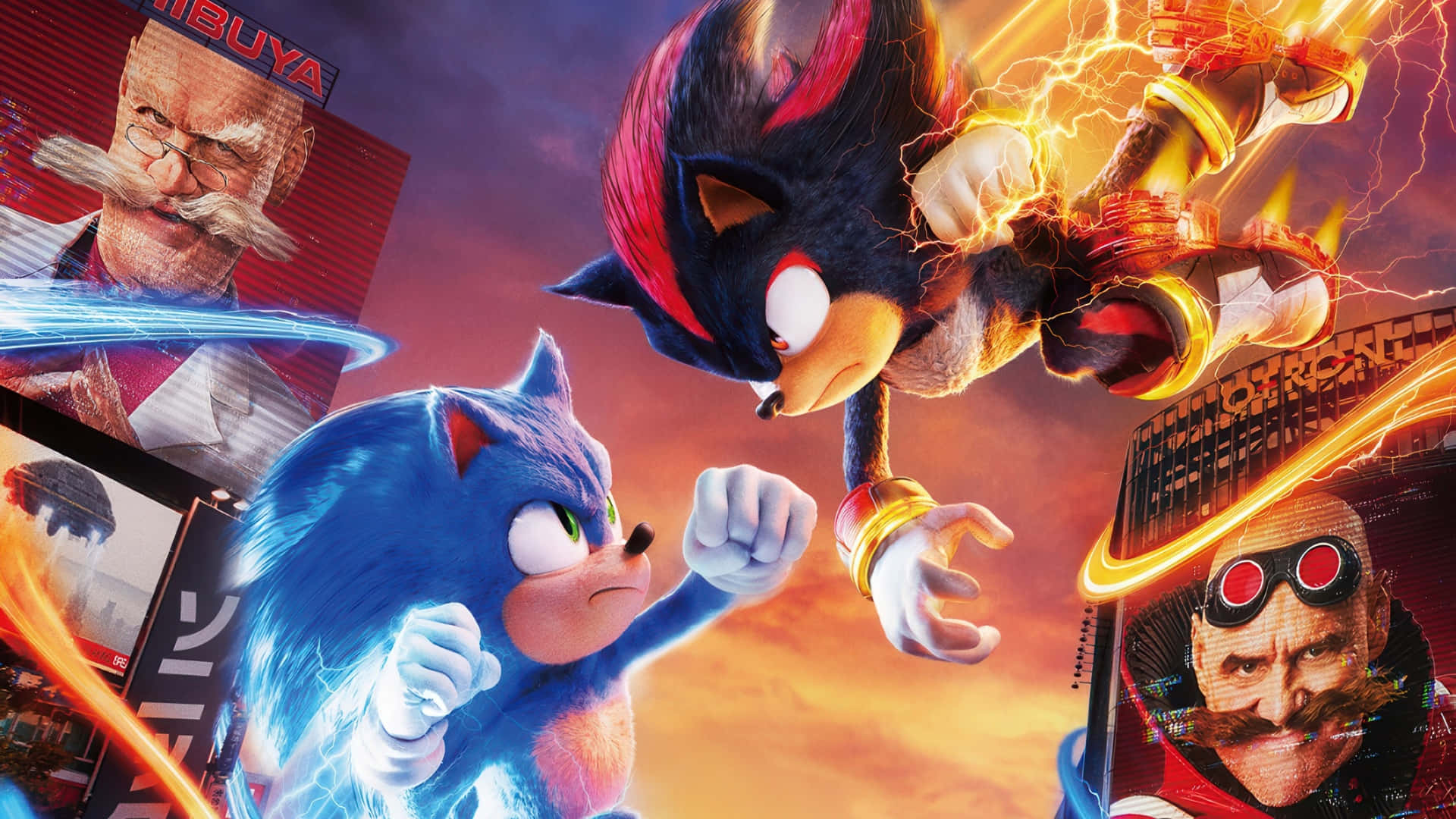  壁紙 — Sonic the Hedgehog 與 Shadow the Hedgehog 在霓虹燈照亮城市廣告牌中與 Dr. Eggman 展開一場充滿活力的動漫風格戰鬥。