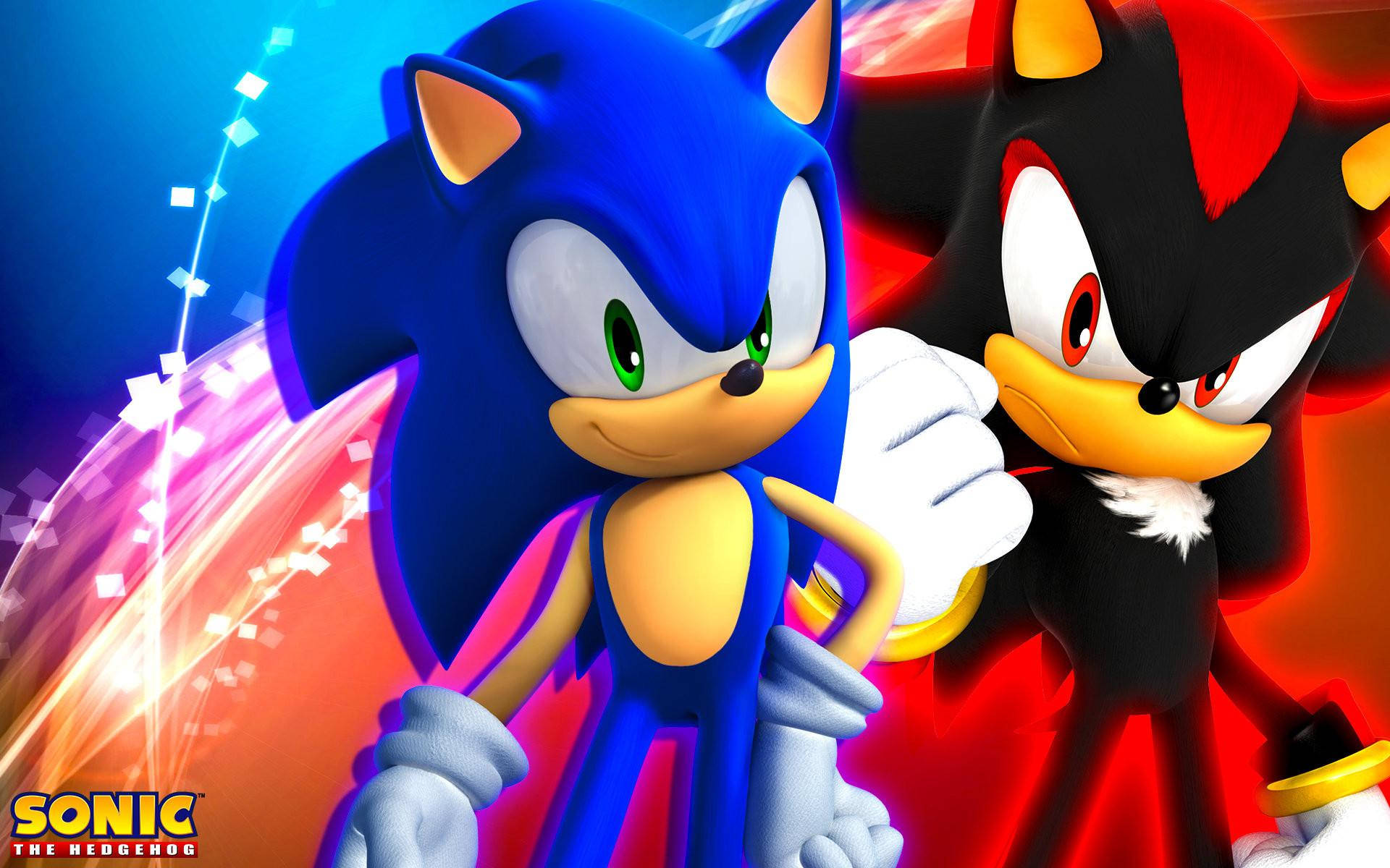 Shadow The Hedgehog 桌布 壁紙 — Sonic the Hedgehog 與 Shadow the Hedgehog 以充滿活力的動感姿勢並肩站立，背景為色彩繽紛的抽象圖案。
