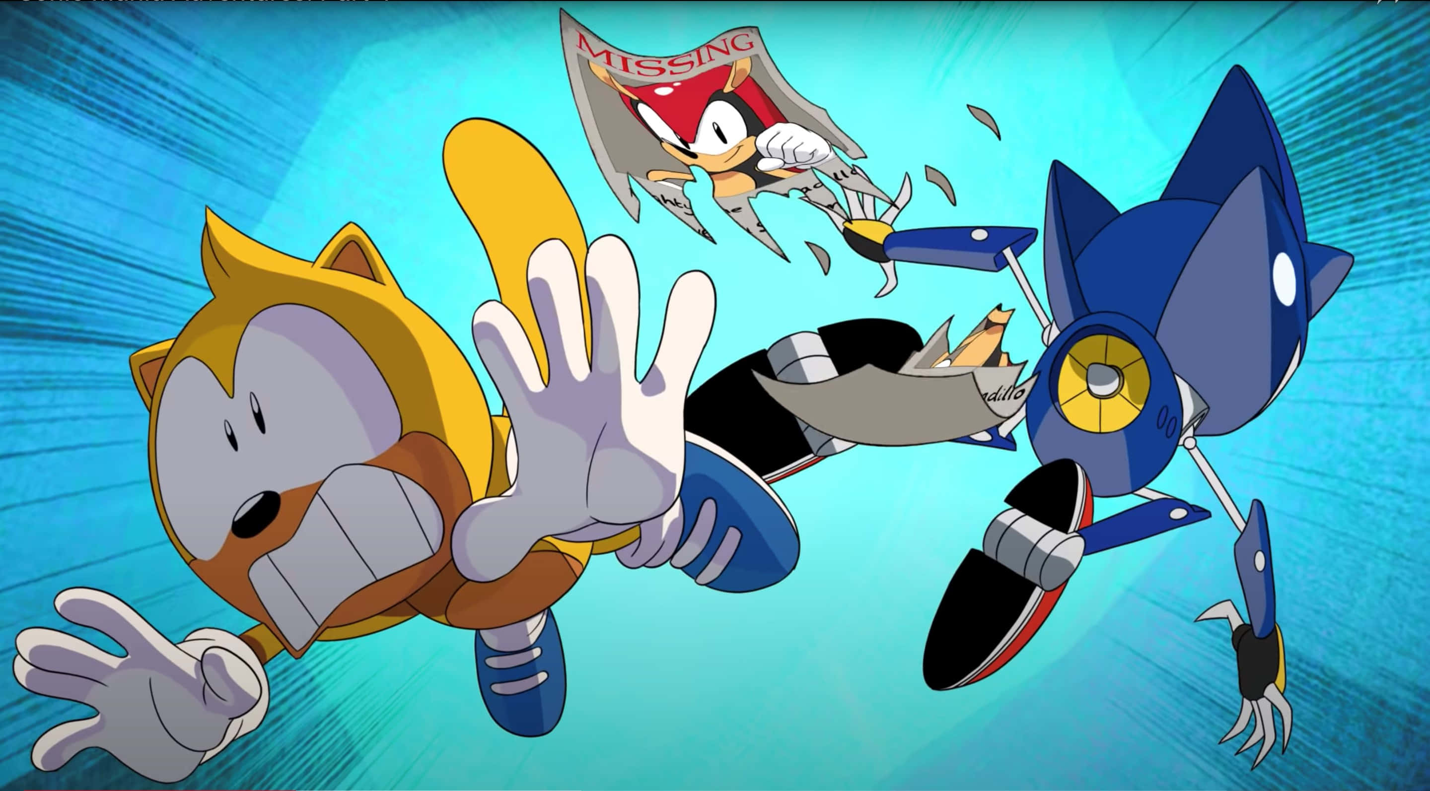 Ray The Flying Squirrel 桌布 壁紙 — Sonic the Hedgehog 和 Tails 喺藍色速度模糊背景中追逐機械Sonic。