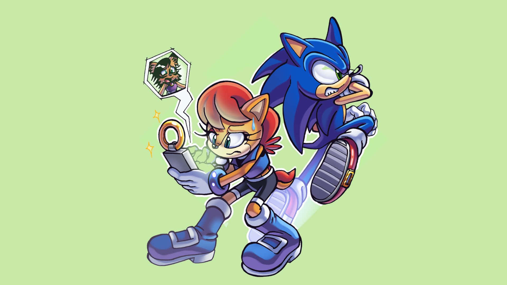 Sonic And Sally 桌布 壁紙 — Sonic the Hedgehog 和 Tails 在淡綠色背景上動態奔跑，背景中有一個漂浮的六邊形 Dr. Eggman 肖像。