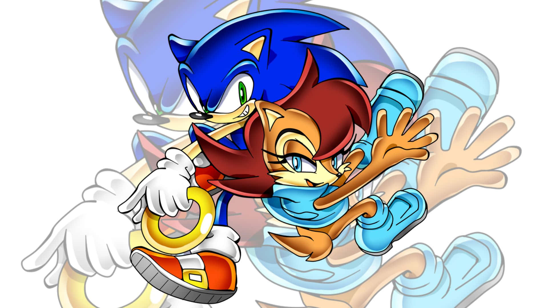 Sonic And Sally 桌布 壁紙 — Sonic the Hedgehog 與 Tails 在白色背景前，手持金色環圈，動感十足地在空中翱翔。