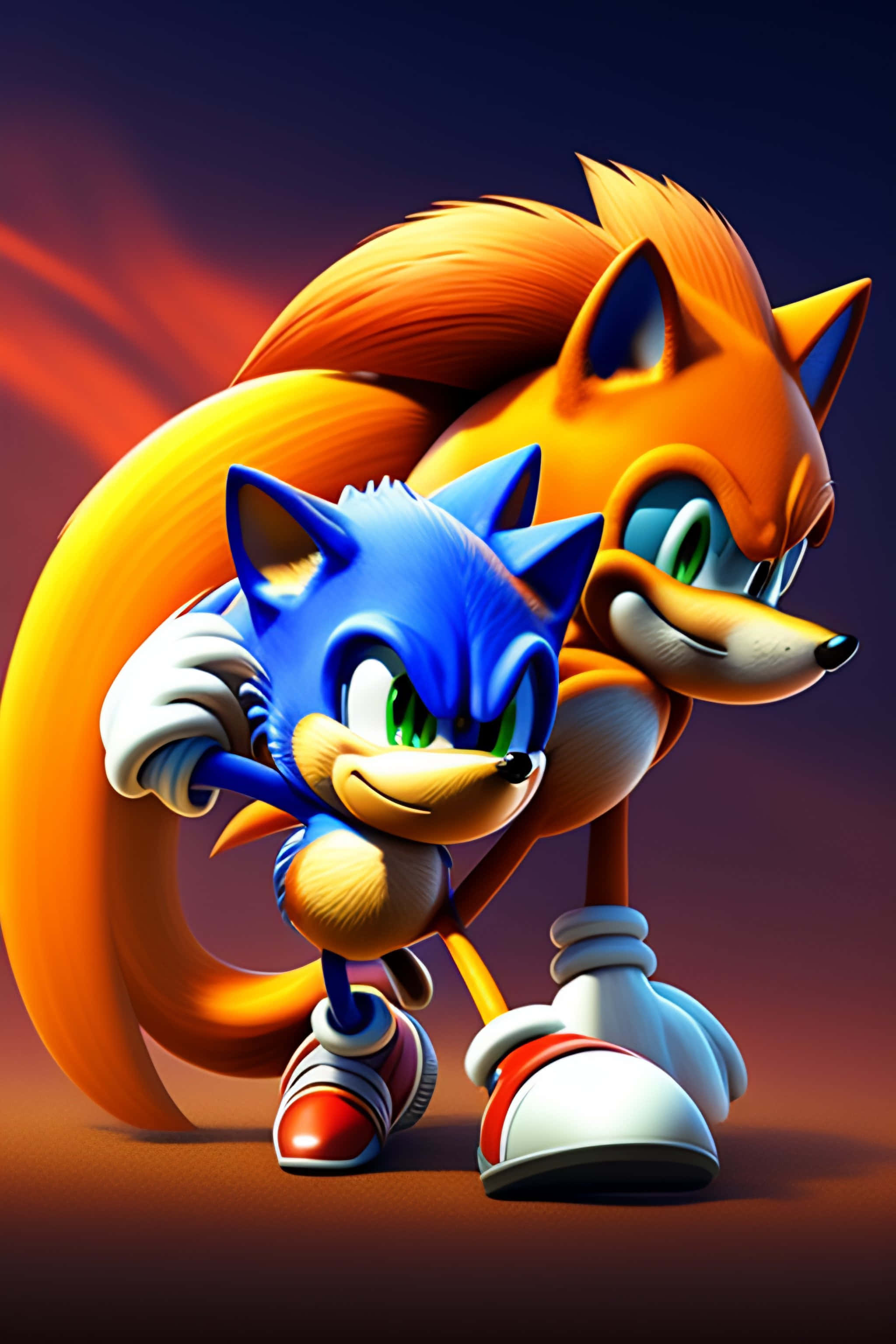 Sonic And Tails 桌布 壁紙 — Sonic the Hedgehog 與 Tails 以動感姿勢並肩站立，背景是火焰漸變色。