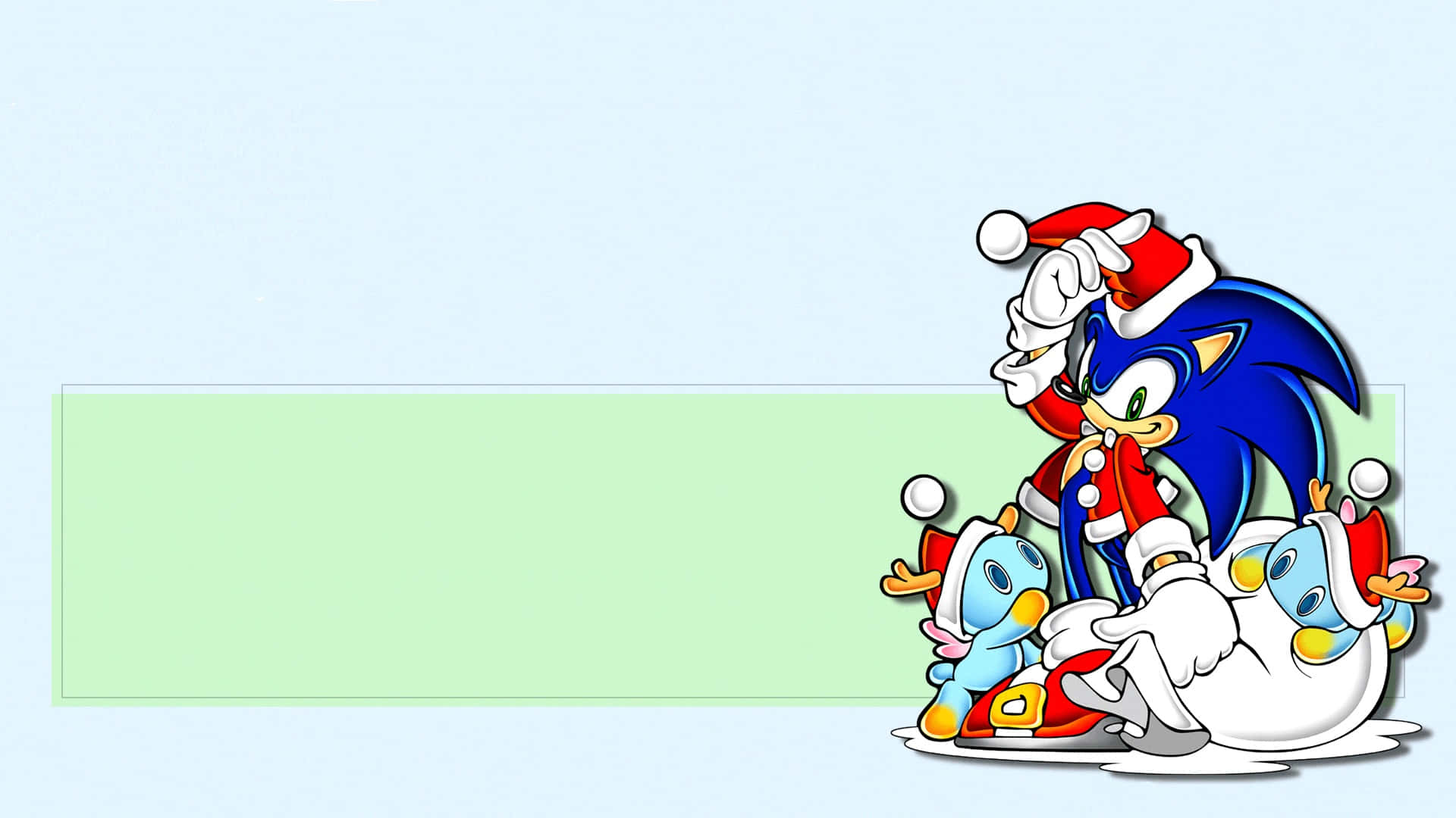 Sonic Adventure HD 桌布 壁紙 — Sonic the Hedgehog 和兩隻鳥朋友戴著節日聖誕帽和紅色服裝，背景是淺藍色和綠色。