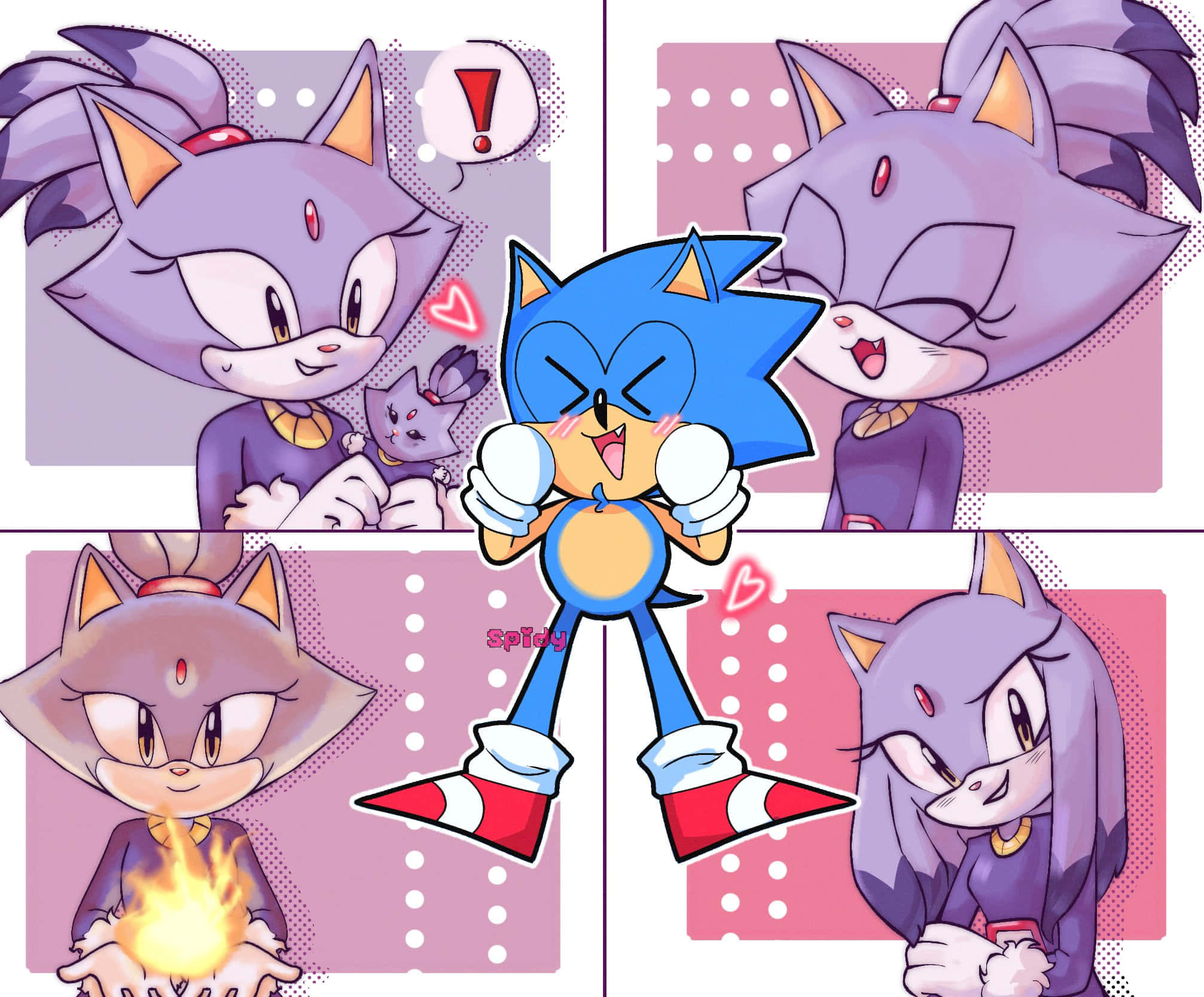 Sonic And Blaze 桌布 壁紙 — Sonic the Hedgehog 喺漫畫面板佈局中俾四個唔同嘅女性角色包圍，面紅尷尬。