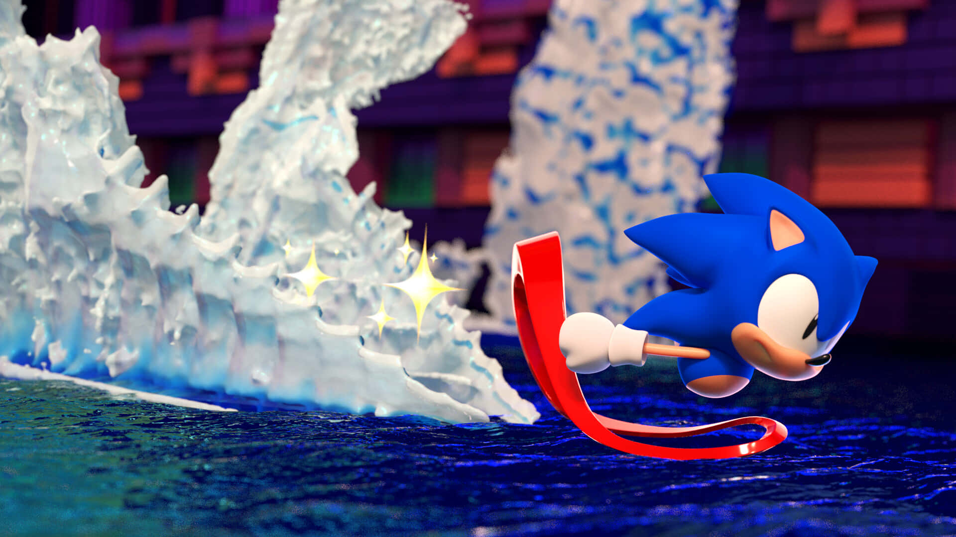 Sonic Hydrocity Zone 桌布 壁紙 — Sonic the Hedgehog 衝過冰冷的水，留下閃閃發光的痕跡和飛濺的波浪。