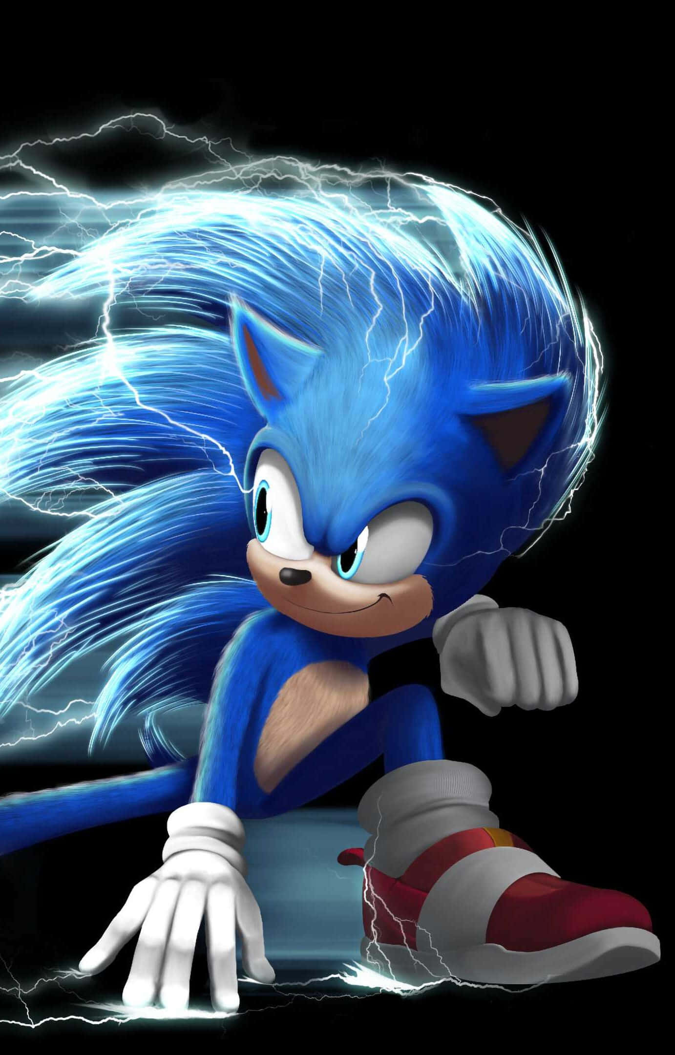 Sonic Art 桌布 壁紙 — Sonic the Hedgehog 以動態姿勢蹲下，被噼啪作響的藍色閃電包圍，背景為黑色。