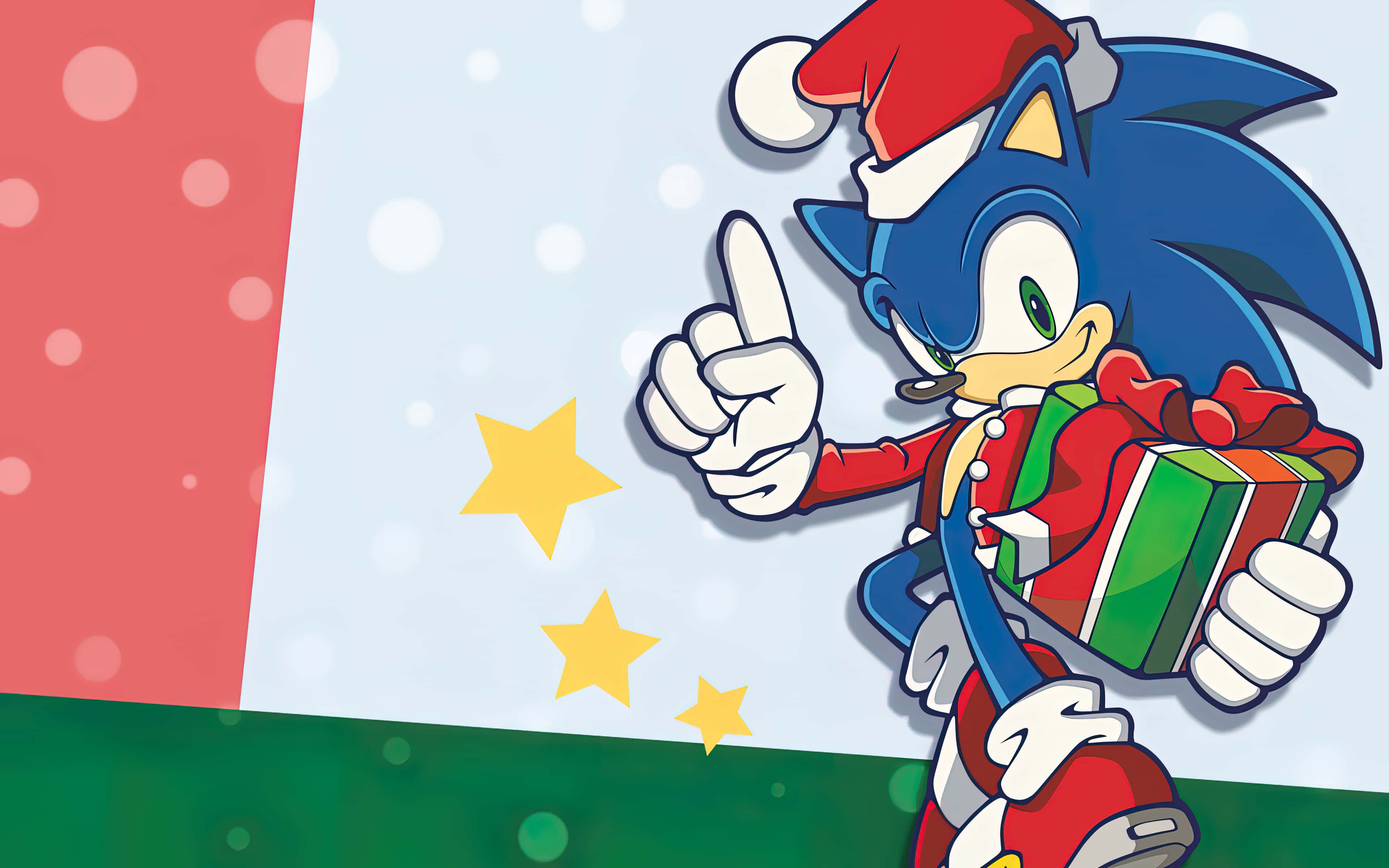 Sonic Art 桌布 壁紙 — Sonic the Hedgehog 戴著紅色聖誕帽和穿著紅色聖誕服，手持禮物，在充滿星星和雪花的節日背景前開心地指著。