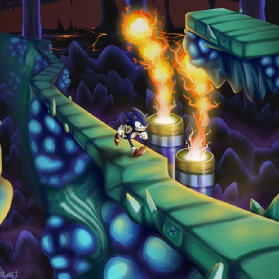 Sonic Lava Reef 桌布 壁紙 — Sonic the Hedgehog 喺黑暗紫色洞穴入面衝過發光綠色橋樑，避開火焰危險。