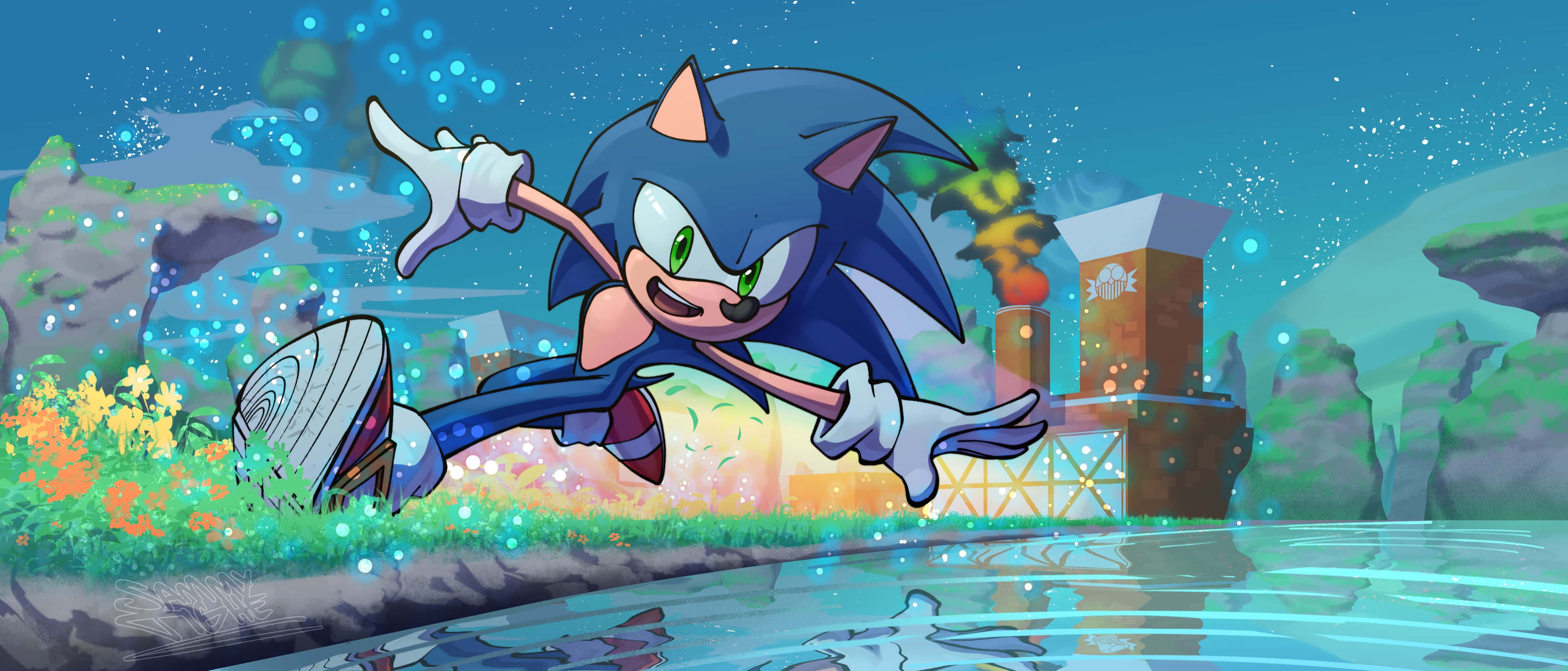 Sonic Planet Wisp 桌布 壁紙 — Sonic the Hedgehog 喺發光嘅海岸線上疾馳，背景有一座未來感建築。
