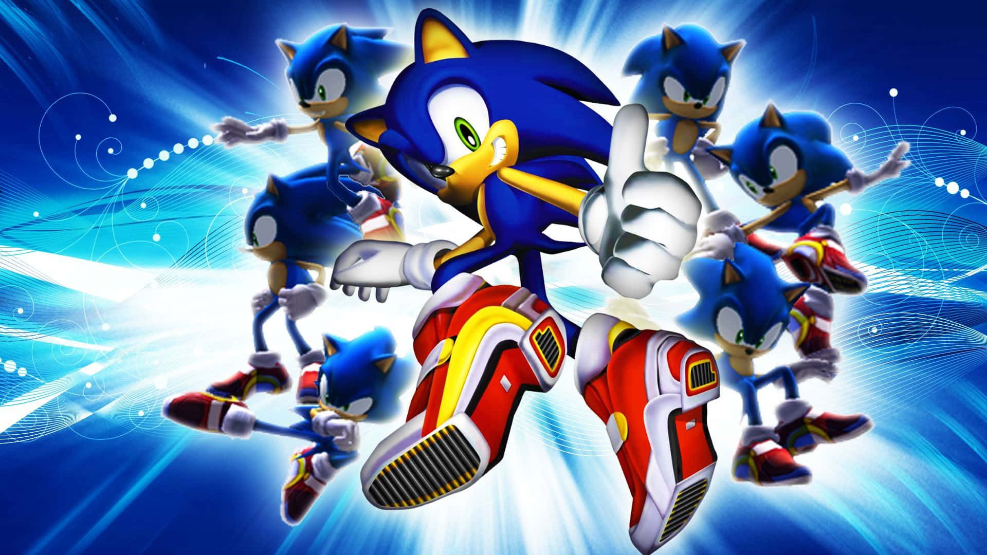  壁紙 — Sonic the Hedgehog 以動態姿勢向前衝刺，背景是帶有旋轉光效的耀眼藍色能量。