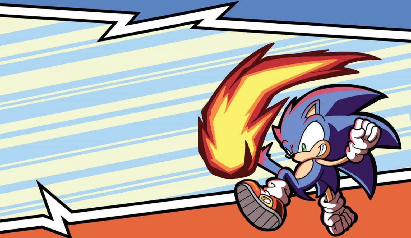  壁紙 — Sonic the Hedgehog 向前衝刺，帶有火焰軌跡和動態線條，背景為漫畫風格。