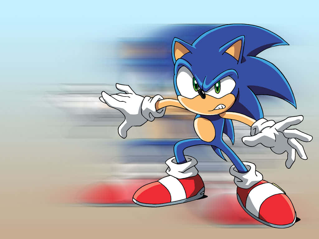 Sonic X 桌布 壁紙 — Sonic the Hedgehog 向前衝刺，他的紅白鞋子在柔和的漸變背景上留下動態模糊痕跡。