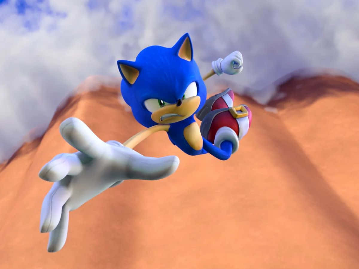  壁紙 — Sonic the Hedgehog 帶著堅定的表情，嘴裡叼著一個紅白相間的環，衝過沙漠峽谷。