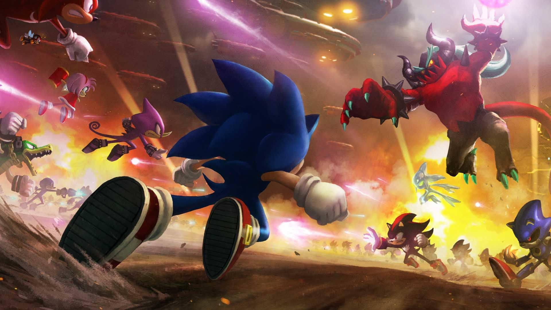 Shadow The Hedgehog 桌布 壁紙 — Sonic the Hedgehog 喺一個充滿火焰嘅戰場上衝刺，周圍有盟友同敵人，構成一個動感十足嘅動作場面。