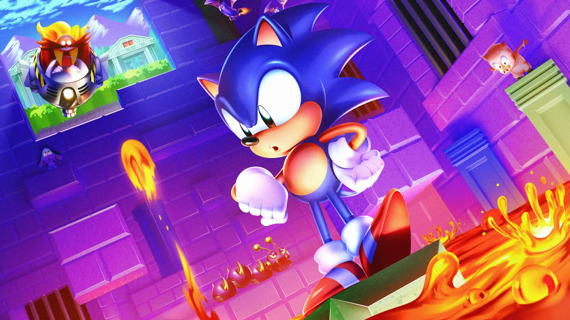  壁紙 — Sonic the Hedgehog 喺火焰噴發嘅紫色城堡走廊中疾馳。