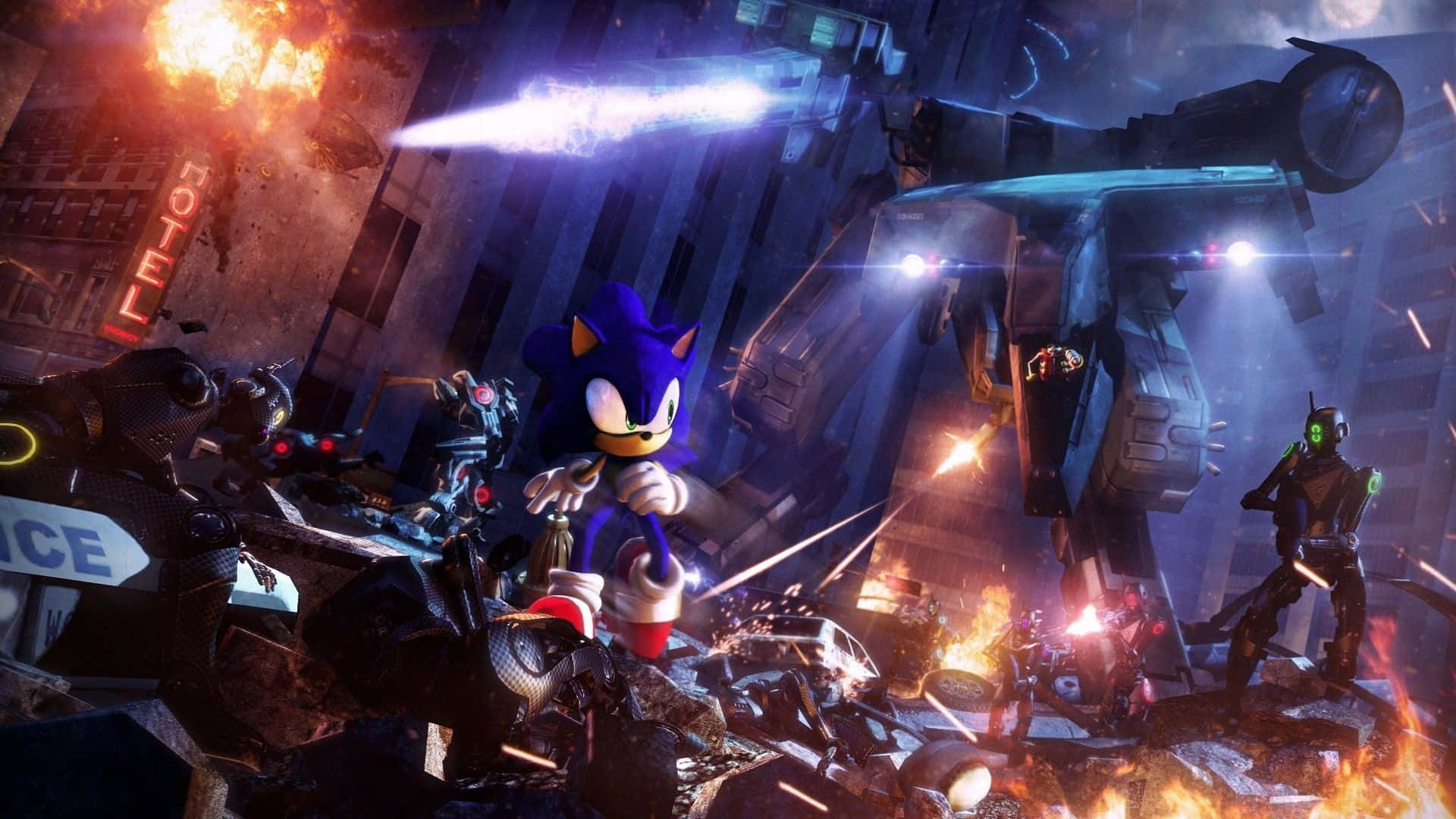  壁紙 — Sonic the Hedgehog 在爆炸和巨型機械人中衝過燃燒的城市戰場。