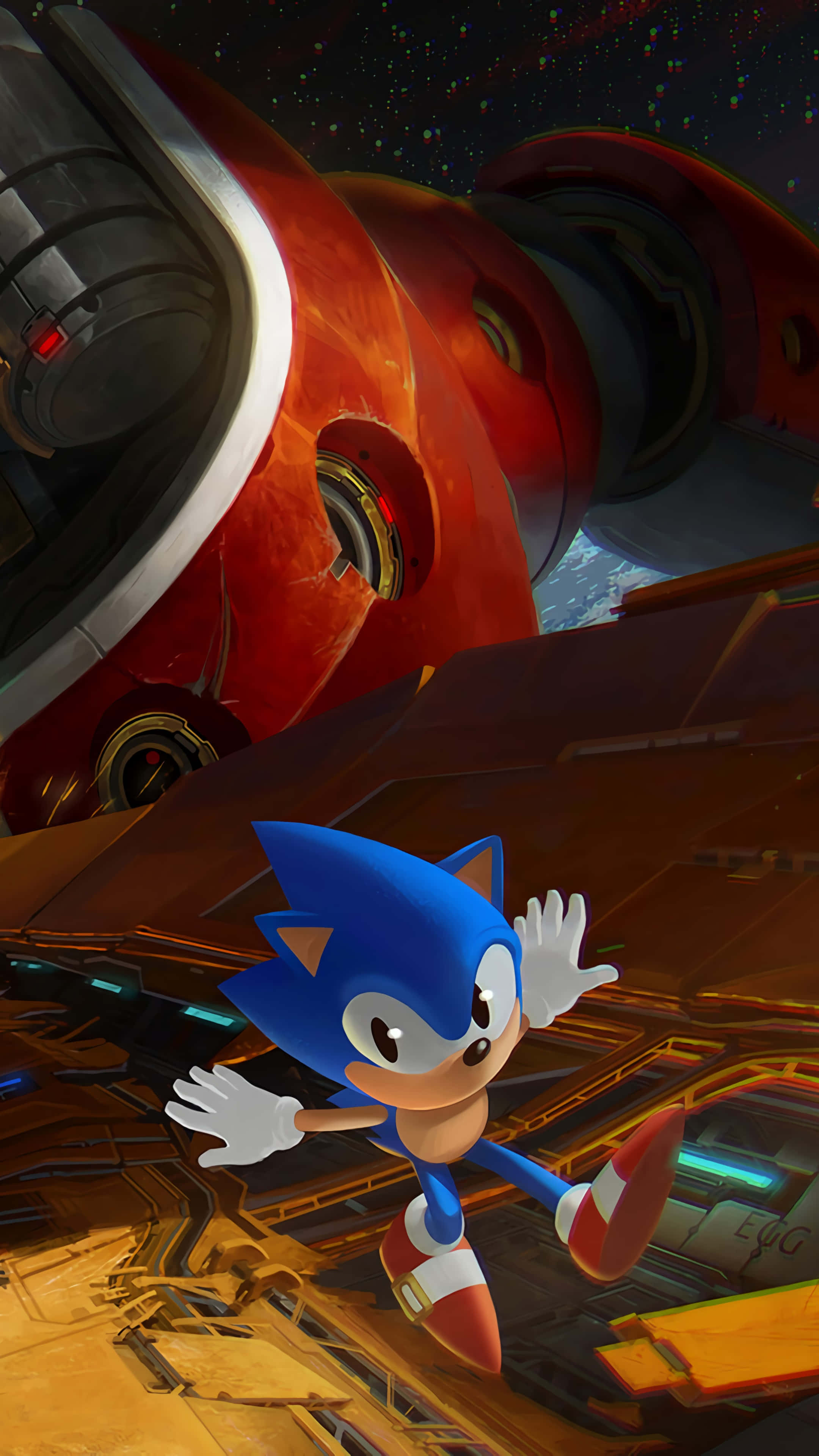 Classic Sonic 桌布 壁紙 — Sonic the Hedgehog 喺一個有發光面板同巨大紅色太空船喺頭頂嘅未來太空站入面疾馳。