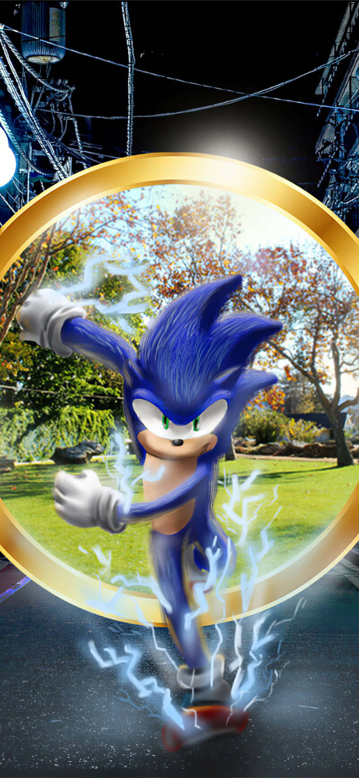 Sonic Art 桌布 壁紙 — Sonic the Hedgehog 穿過一個金色圓環，帶有電光藍色火花，背景是秋天的樹木和城市燈光。