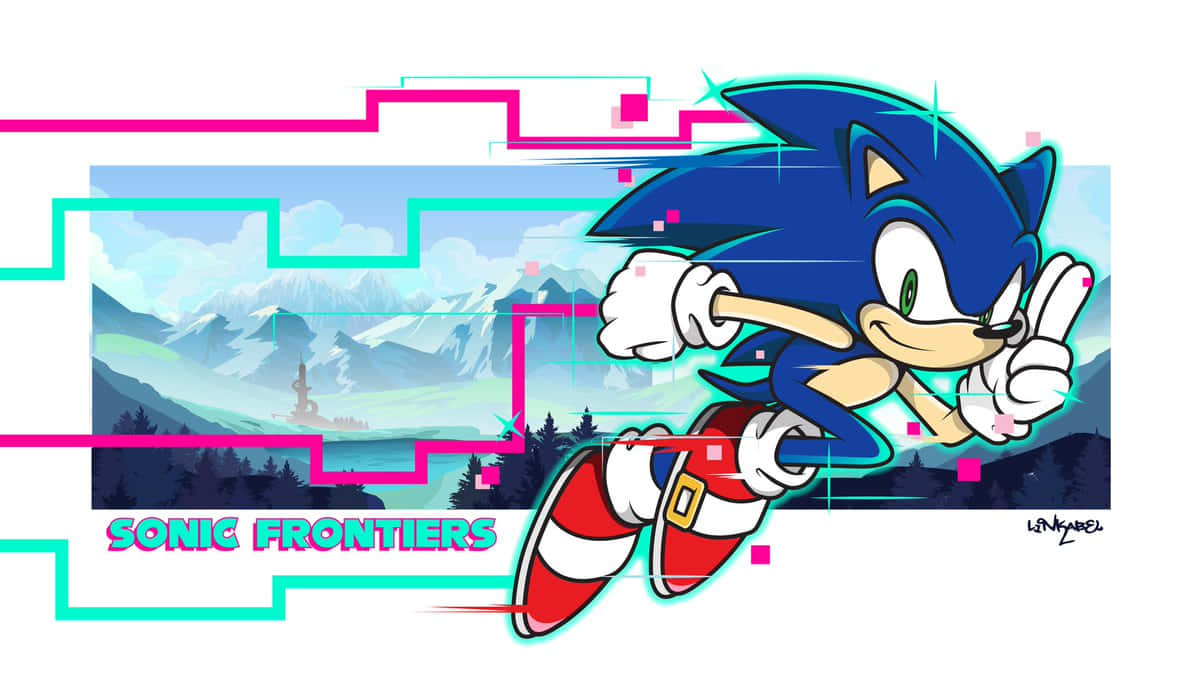 Sonic Ice Cap Zone 桌布 壁紙 — Sonic the Hedgehog 喺由螢光粉紅同青綠色數碼線條框住嘅山景中疾馳。