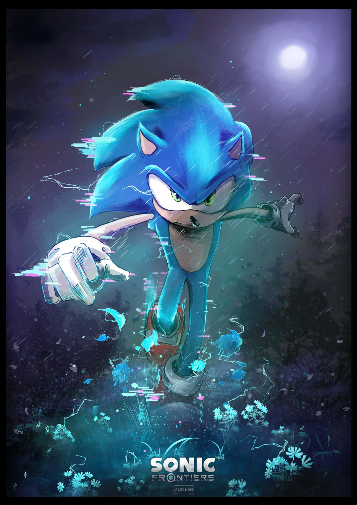 Sonic Fan Art 桌布 壁紙 — Sonic the Hedgehog 在明亮的月光下，伴隨著故障效果和發光的藍色能量，疾馳穿過雨夜的森林。