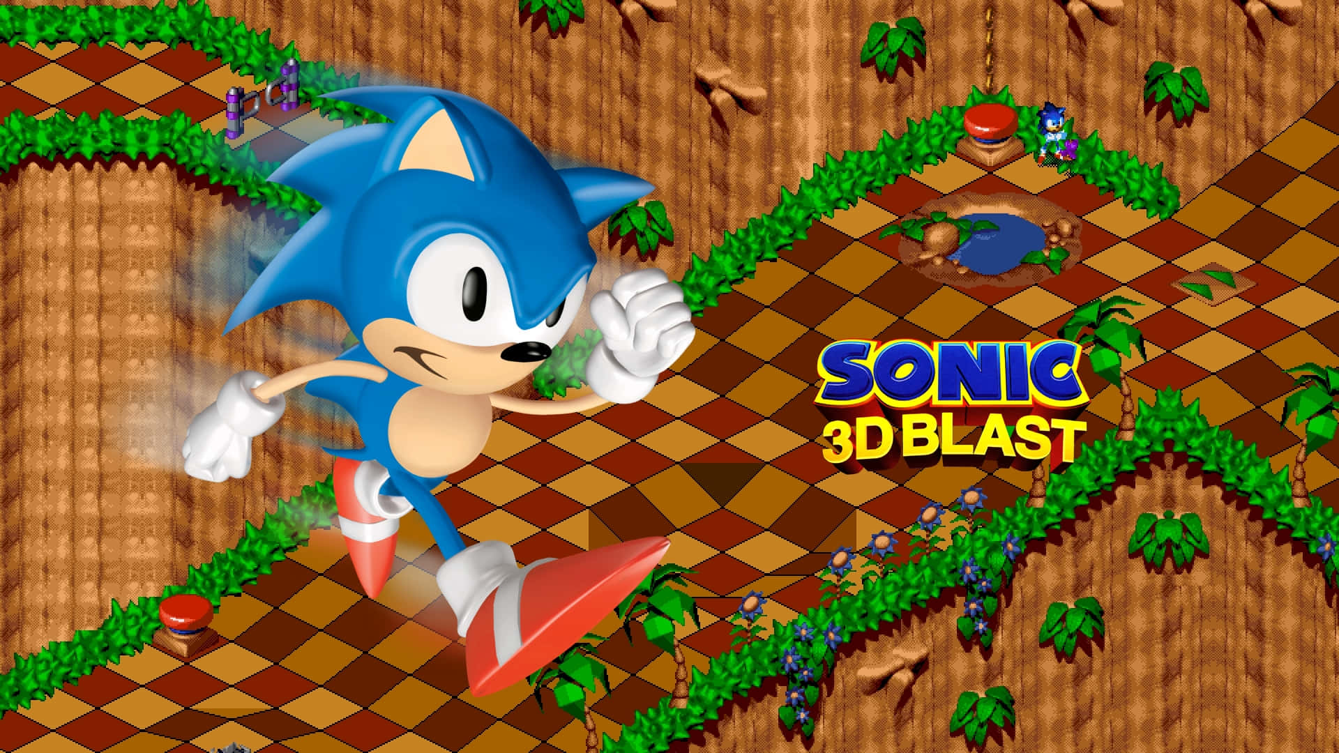 Sonic 3d Blast 桌布 壁紙 — Sonic the Hedgehog 喺充滿活力嘅3D遊戲關卡中疾馳，地面係格仔圖案，仲有綠色藤蔓。