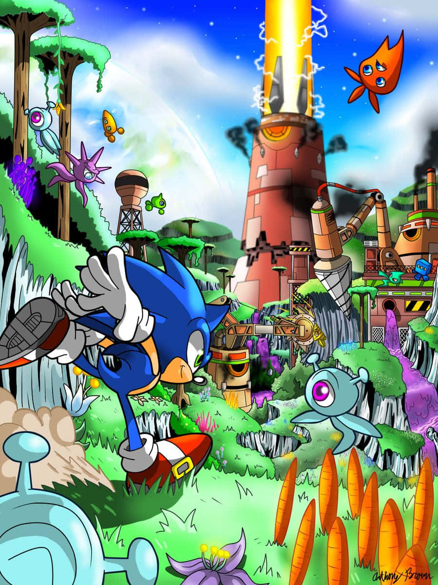 Sonic Planet Wisp 桌布 壁紙 — Sonic the Hedgehog 喺星空下穿越一個充滿漂浮生物同高聳工業建築嘅充滿活力外星叢林。