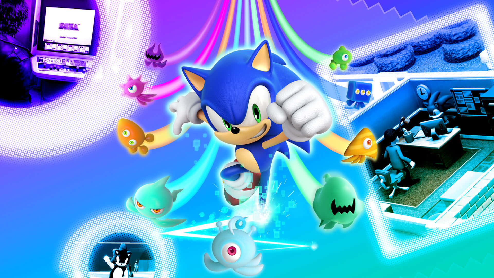 Sonic Planet Wisp 桌布 壁紙 — Sonic the Hedgehog 喺充滿活力嘅數碼領域中疾馳，周圍有色彩繽紛嘅敵人同復古遊戲元素。