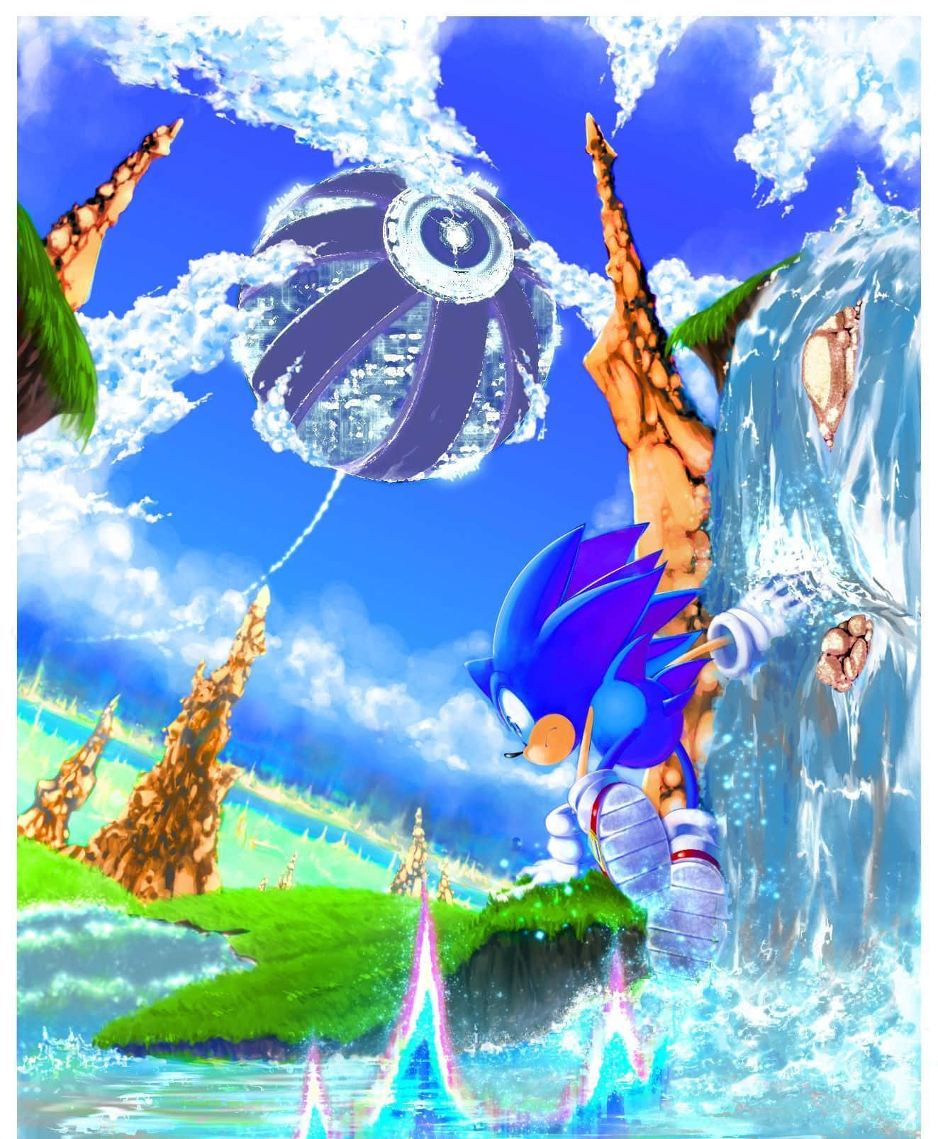 Sonic Cd 桌布 壁紙 — Sonic the Hedgehog 喺明亮藍天下，穿過有瀑布同浮島嘅鮮綠色風景飛馳。